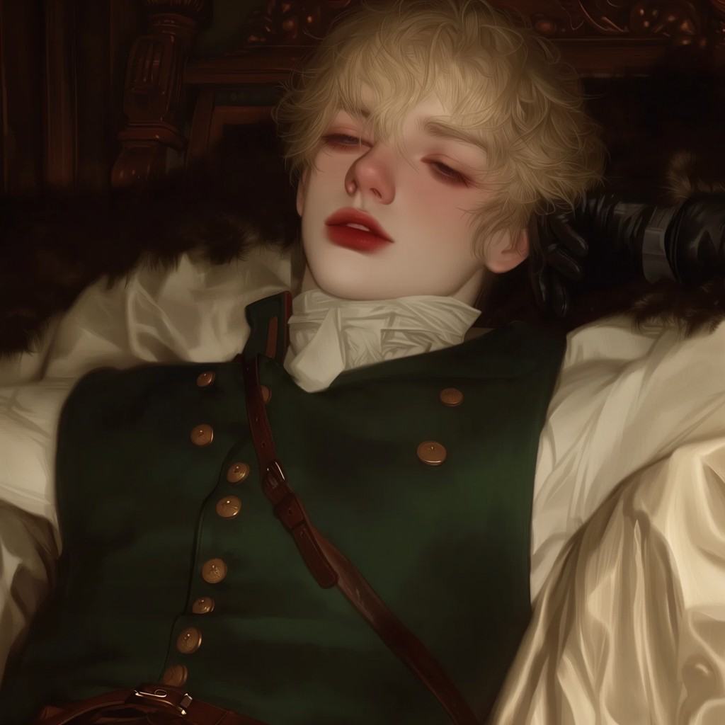 JL8STYP3,  A close-up portrait of a man reclining with eyes gently closed,  wearing a dark green double-breasted coat with...