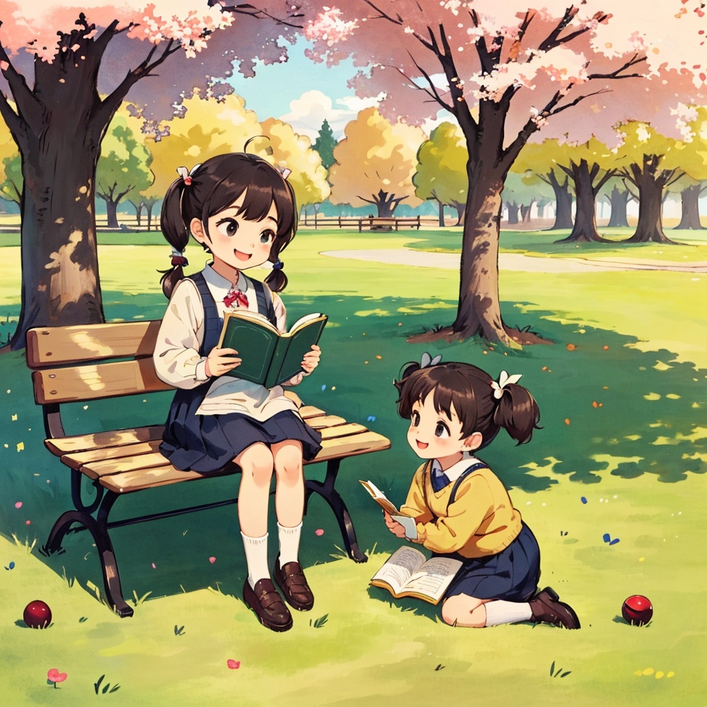 ((A child,small cute plush ball errings,pigtails,jumper skirt,A charming smile,reading picture-story book)),Parks,lawns,cherry trees,benches,masterpiece,best quality,