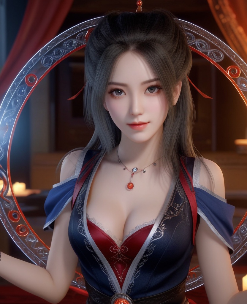 <lora:574-DA-XL-天行九歌-焰灵歌:0.8>(,1girl, ,best quality, ),looking at viewer,ultra detailed background,ultra detailed background,ultra realistic 8k cg, ,masterpiece, (( , )),   (magic, magic circle, ),  (cleavage), (),