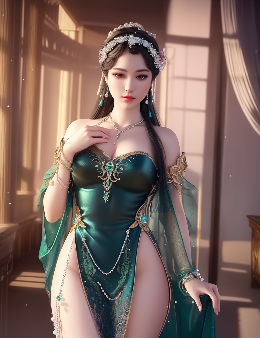 ultra realistic 8k cg, picture-perfect face, flawless, clean, masterpiece, professional artwork, famous artwork, cinematic lighting, cinematic bloom, perfect face, beautiful face, fantasy, dreamlike, unreal, science fiction,  beautiful clothes, lace, lace trim, lace-trimmed legwear,  (rich:1.4), prestige, luxury, jewelry, diamond, gold, pearl, gem, sapphire, ruby, emerald, intricate detail, delicate pattern, charming, alluring, seductive, erotic, enchanting, hair ornament, necklace, earrings, bracelet, armlet,halo((,1girl, pov,))(((,  1girl,  solo,looking at viewer, ))),(((1girl, solo, dress, jewelry)))<lora:DA_WhiteSnakeGreenSnake:0.8>