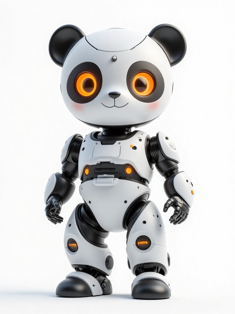 HIRO,A highly detailed CGI rendering of a cute, anthropomorphic panda robot with large, glowing orange eyes, black and white body, and sleek, futuristic design. The robot has a small, rounded head with panda ears, and a smiling expression. It stands against a plain white background, showcasing its advanced, mechanical limbs and joints.