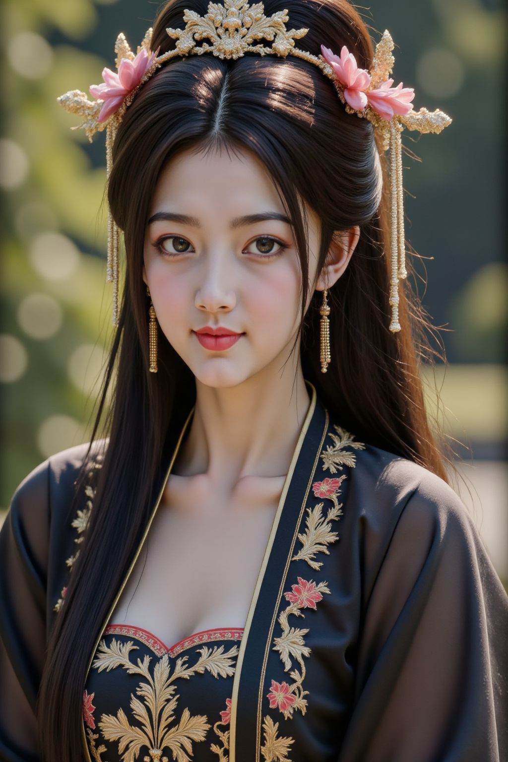 The image depicts a person dressed in traditional attire, likely inspired by East Asian fashion. The individual is wearing a black and gold embroidered garment with intricate floral patterns, complemented by a red sash. The outfit is accessorized with a delicate tiara adorned with pink flowers and golden tassels. The person has long, dark hair styled elegantly, with a portion of it tied back. They are also wearing dangling earrings that match the tiara. The background is blurred, suggesting an outdoor setting with greenery, possibly a garden or park.