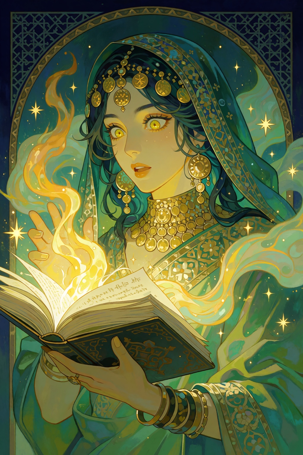 A portrait shot depicts a woman with yellow eyes,  dark teal hair wearing a matching headscarf adorned with gold coin orna...
