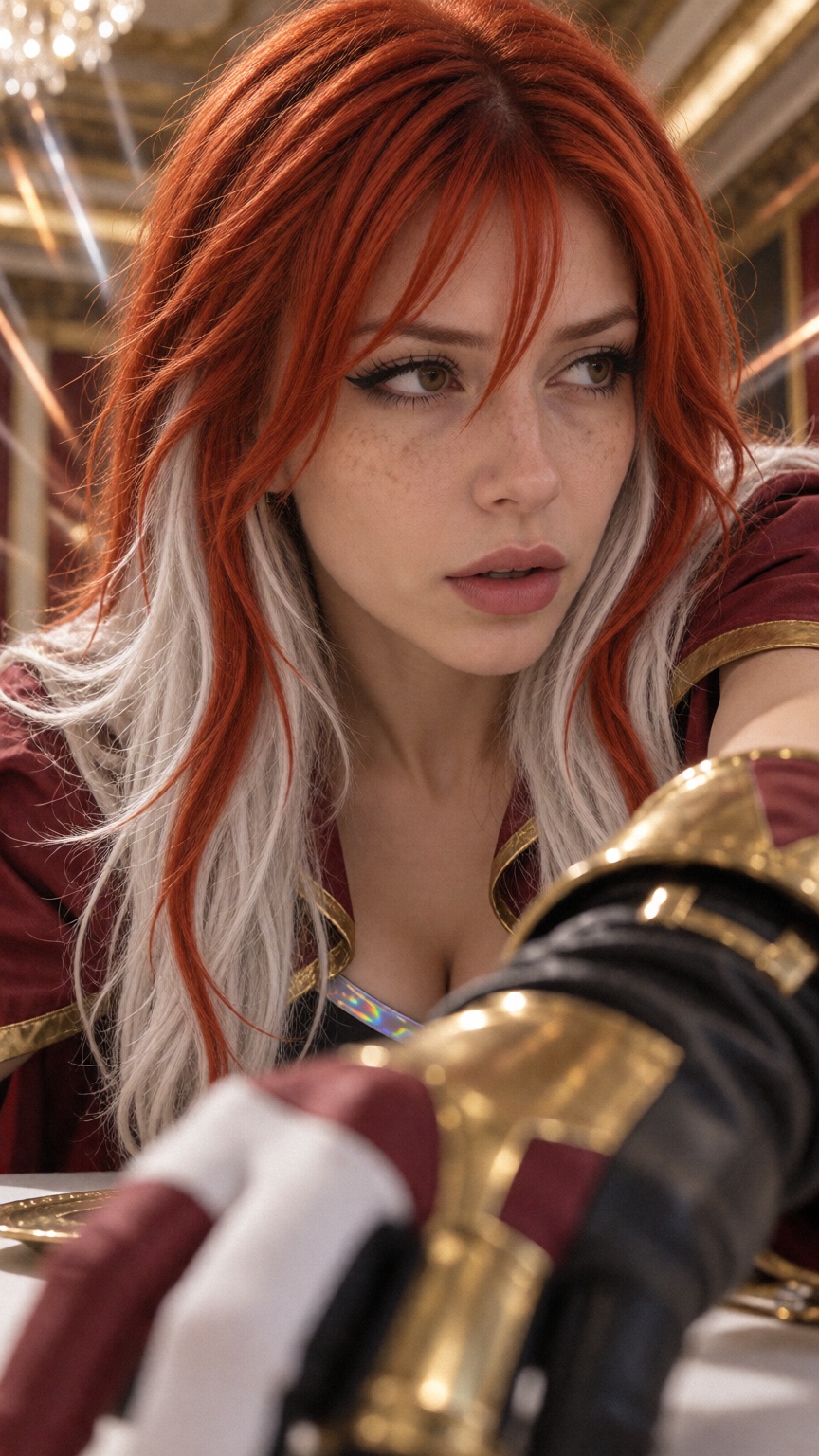 SonyaX,  red and white hair,  A photorealistic cinematic photograph of a 25-year-old ***** woman on Tensor.Art