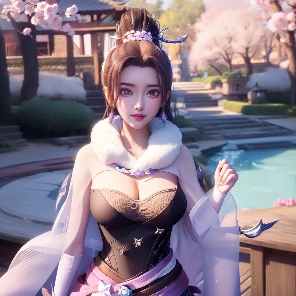 <lora:783-DA-万界至尊-李雪衣-毛领:0.8>, (,1girl, ,best quality, ),looking at viewer,  ,ultra detailed background,ultra detailed background,ultra realistic 8k cg,, ,masterpiece, (( , )),, ,   ,   cure blossom,  ,,  (cleavage),,  (), ,,