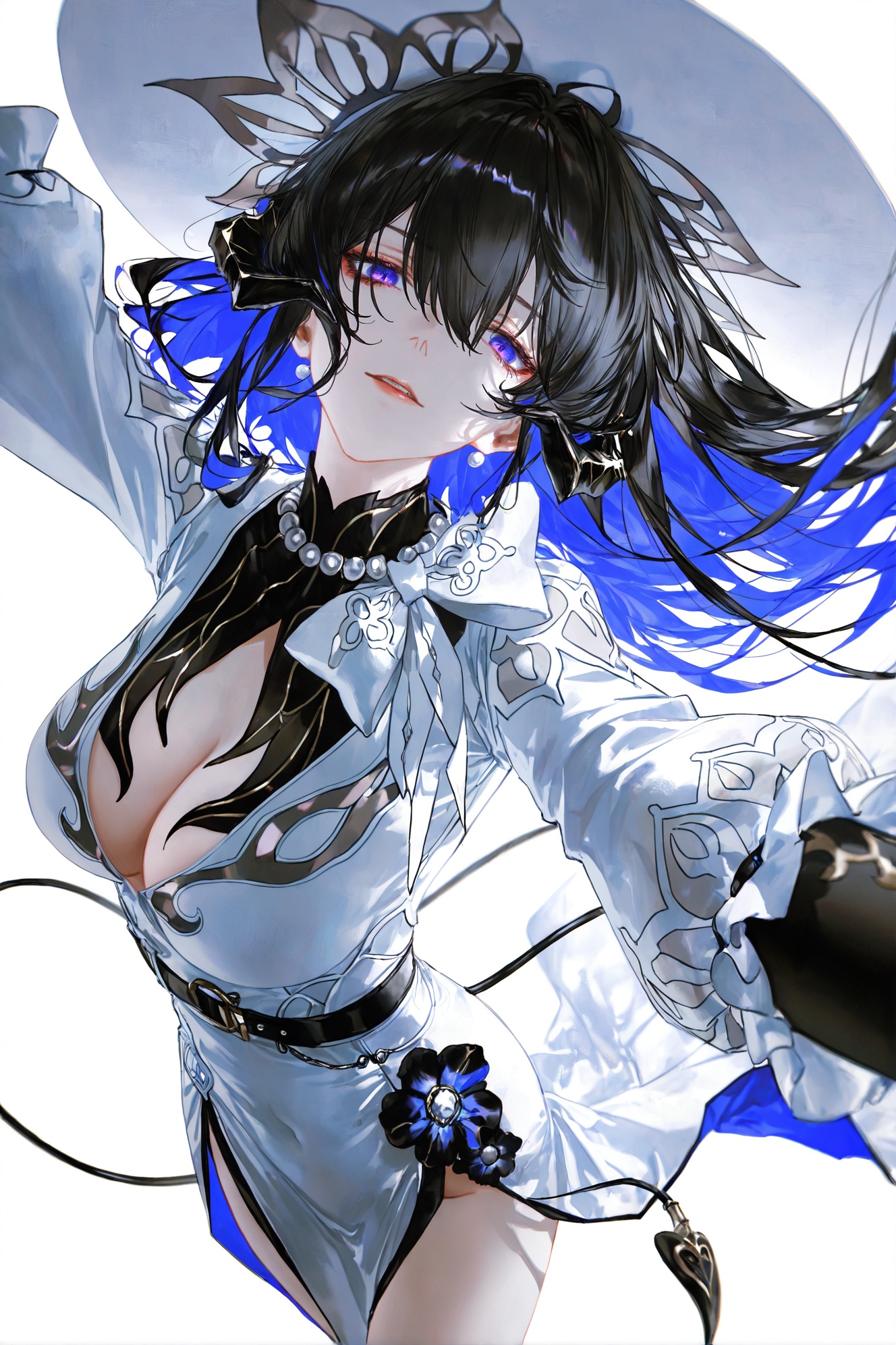 WJBZ,Realistic illustration,simple background,white background,wire,dynamic composition,out-of-focus effect,artistic out-of-focus,retro filter,texture brushstrokes,The edges of the lines are highly saturated and out of focus,accessories,dynamic composition,large perspective,the whole body,(artist:   quasarcake:0.8),depth of field,extreme aesthetic,(wlop:0.6),wanke,rella,wanke,masterpiece,best quality,good quality,newest,year 2024,year 2023,very aesthetic,absurdres,Visual impact,perspective composition,A shot with tension,ultra-high resolution,32K UHD,sharp focus,best quality,masterpiece,Emotionalization masterpiece,unconventional supreme,masterful details,with a high end texture,in the style of fashion photography,(Visual impact:1.2),giving the poster a dynamic and visually striking   appearance,impactful picture,offcial art,colorful,splash of color,movie perspective,masterpiece,best quality,amazing quality,very aesthetic,absurdres,best quality,newest,masterpiece,best quality,good quality,(((artist:Miv4t))),<lora:Constance-will-Tanger:0.8>,Constance \(Honkai: Star Rail\),clothes: dalihuadef white-and-blue dress,black Succubus horns,1girl,hat,breasts,purple eyes,long hair,black hair,mismatched gloves,white headwear,flower,blue hair,bangs,belt,multicolored hair,cleavage,white glove,black glove,tail,