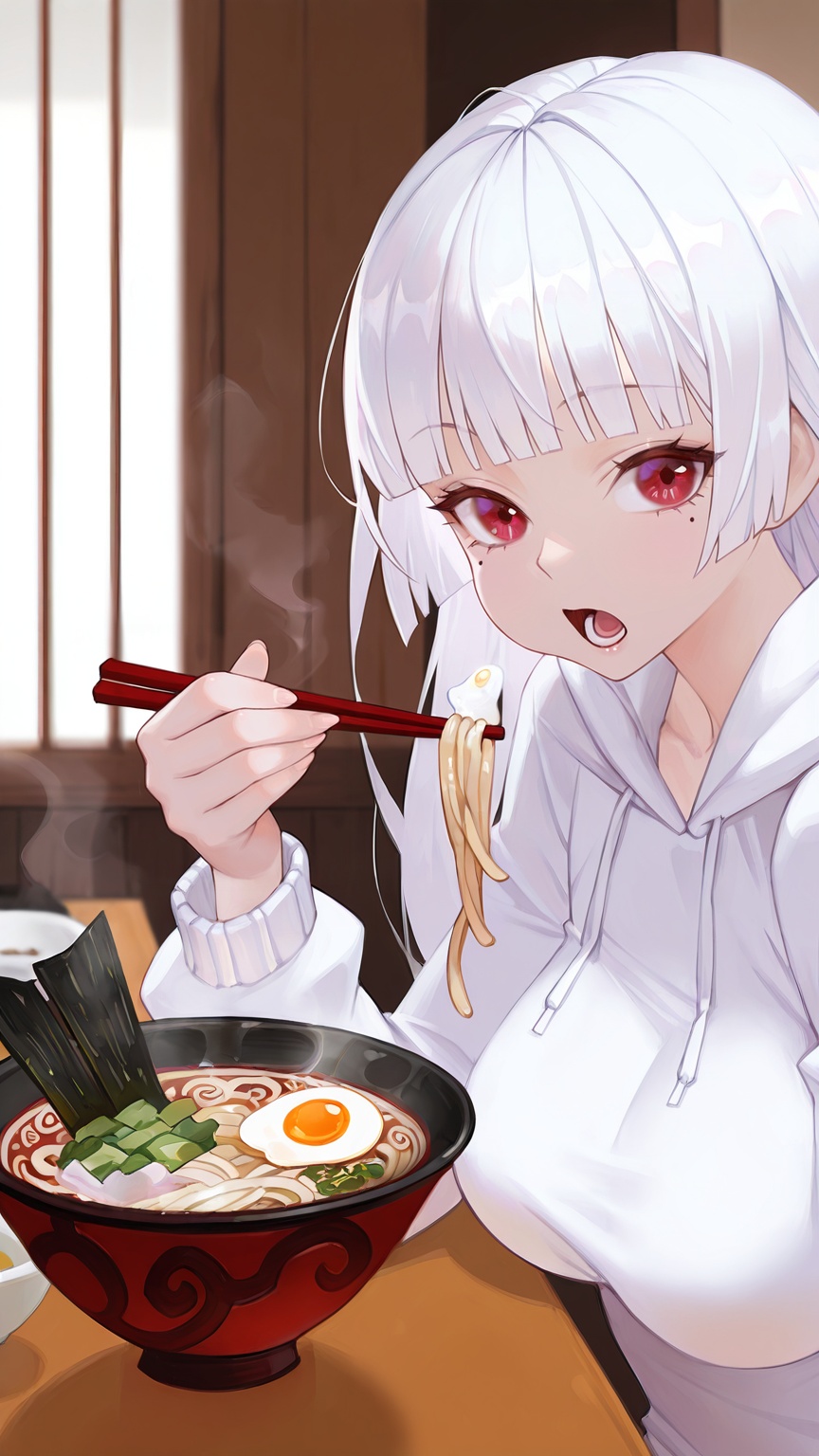 masterpiece,best quality,amazing quality,<lora:dayuexia:0.9>,dayuexia,<lora:oto:0.8>,oto1 style,1girl,solo,long hair,looking at viewer,long hair,1girl,red eyes,white hair,breasts,solo,oto1 style,1girl,food,noodles,chopsticks,solo,ramen,holding,open mouth,long hair,hood,hoodie,mole under eye,mole,bowl,indoors,holding chopsticks,white hoodie,looking at viewer,egg,eating,spoon,long sleeves,hood down,steam,upper body,blunt bangs,table,lower teeth only,