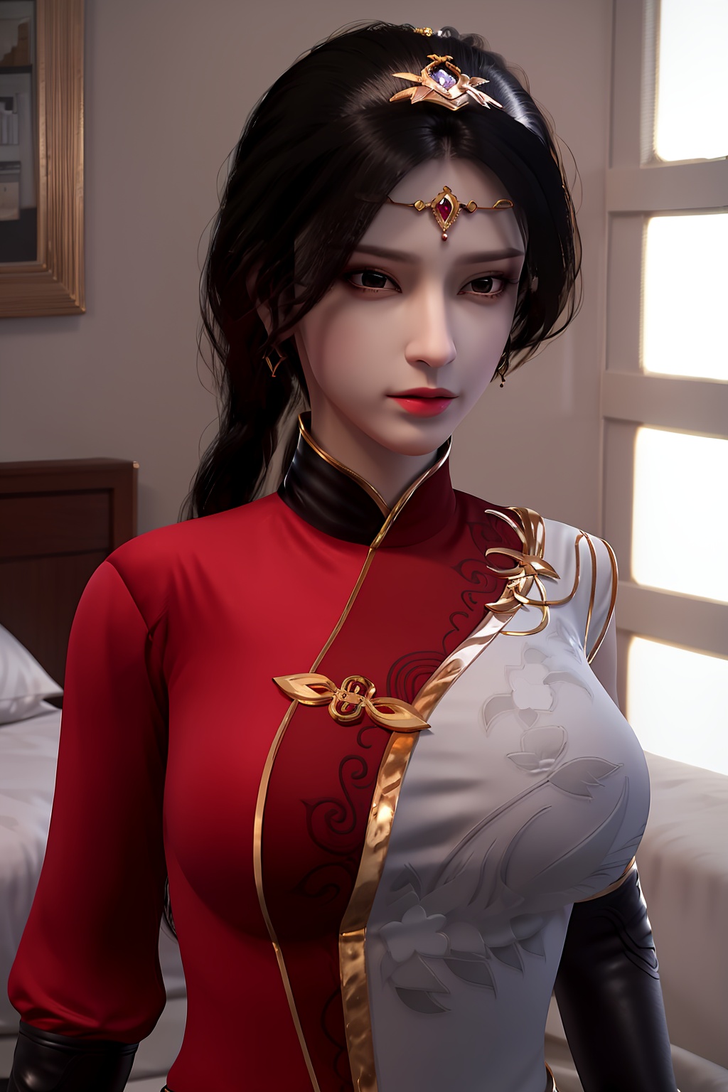 3D,masterpiece,(best quality),(makeup),official art, extremely detailed cg 8k wallpaper,((crystalstexture skin)), (extremely delicate and beautiful),(highly detailed),(face),(tiara),(collar),(1girl), (solo), (jewelry), (earrings),(black_hair),(long_hair),(hair_ornament),(handwear),(breasts),((upper_body)),(closed_mouth),(shiny_clothes),(city,indoor,bed),,((looking_at_viewer)),((Facing the camera)),, <lora:hipoly3DModelLora_v10:0.3>