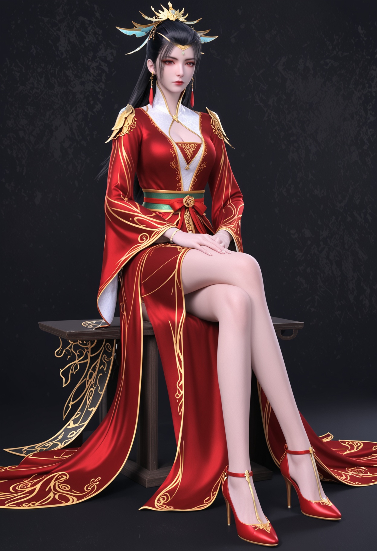 score_9,looking_at_viewer,(large breasts:0.8),1girl,solo,hair ornament,long hair,black hair,earrings,jewelry,dress,red dress,chinese clothes,closed mouth,long sleeves,sash,clothing cutout,cleavage cutout,tassel earrings,red eyes,expressionless,ponytail,high heels,sitting,(simple background,pure black background,black background:1.1),perfect_anatomy,<lora:QQSponylinxiuV1:0.8>,