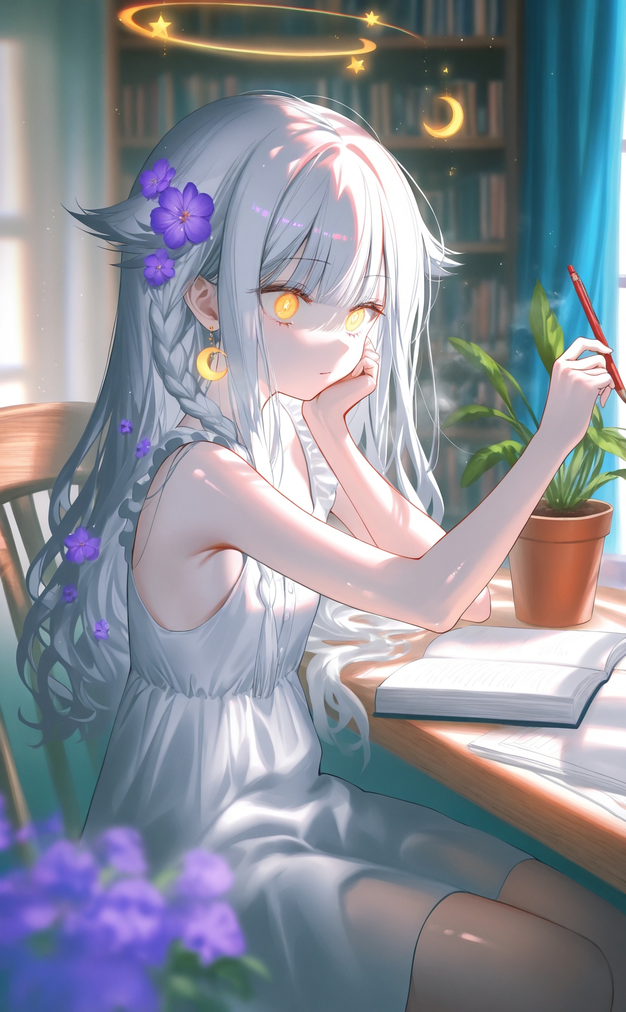 masterpiece,absurdres,best quality,((petite)),loli,high quality,chromatic_aberration,shiny_skin,//,, (colorful),loli,God's light, strong side lighting, perspective, backlight, Tyndall effect, dense, fog, light leaks, Airborne dust, depth of field, cold, library, book on the table, bookshelf, Violet Flower, pencil, shiny eyes, hair flaps, super detailed hair, yellow eyes, glow eyes, cute animated face, long eyelashes, girl sitting on the chair, fair skin, blunt bangs, hair strand, detailed hair, side braid, wavy silver hair, floating hairline, crescent earrings, wide eyed, armpits, hair flower, dappled sunlight on face, white dress, blue curtain, window, flowerpot is on the windowsill, plant at background, intricate detail, Cinematic Lighting, focus blur, //, (chen bin:0.5),konya666,(hiten \(hitenkei\):0.4),(rimuu:0.5),(mignon:0.5),(sheya:0.6),[iumu], //, official art,depth of field,detailed light,blurry background,best shadow,shiny skin,cinematic lighting,ray tracing, amazing quality,very aesthetic,absurdres,beast quality,ultra detailed,newest,8K,HDR,