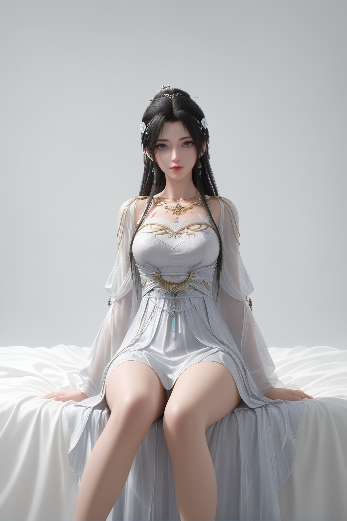 masterpiece,best quality,realistic,cinematic,detail eyes,(ultra-detailed),perfect composition,intricate details,absurdres,detailed face,high quality,high res,8K,<lora:X_qingyi_IL3.0:0.8>,1girl,long hair,breast,medium breast,hair_ornament,dress,black hair,blue gray eyes,bare_legs,sitting,white_dress,bed,simple background,looking_at_viewer,