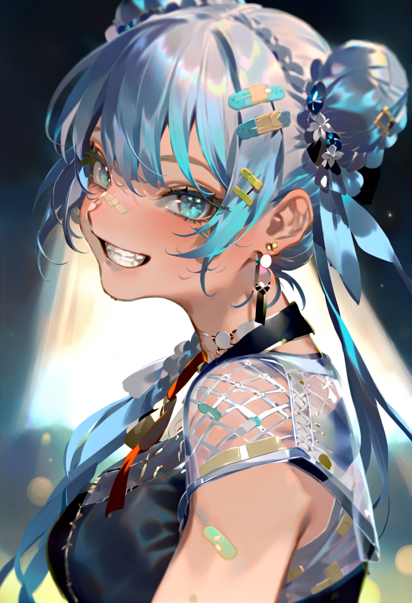 masterpiece, best quality, 1girl, solo, bandaid, smile, bandaid on face, looking at viewer, braid, double bun, earrings, bandaid on nose, ribbon, hair ornament, bandages, jewelry, upper body, aqua eyes, grin, long hair, see-through, hair bun, bangs, blush, blue eyes, from side , teeth  <lora:REIKOXLlokr8f:1>