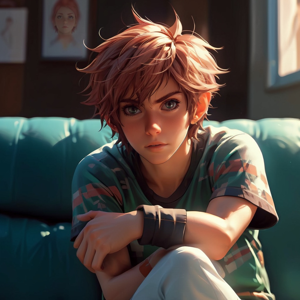 Full body scott pilgrim,  chilling on a couch,  inspired by Alessio Albi on Tensor.Art