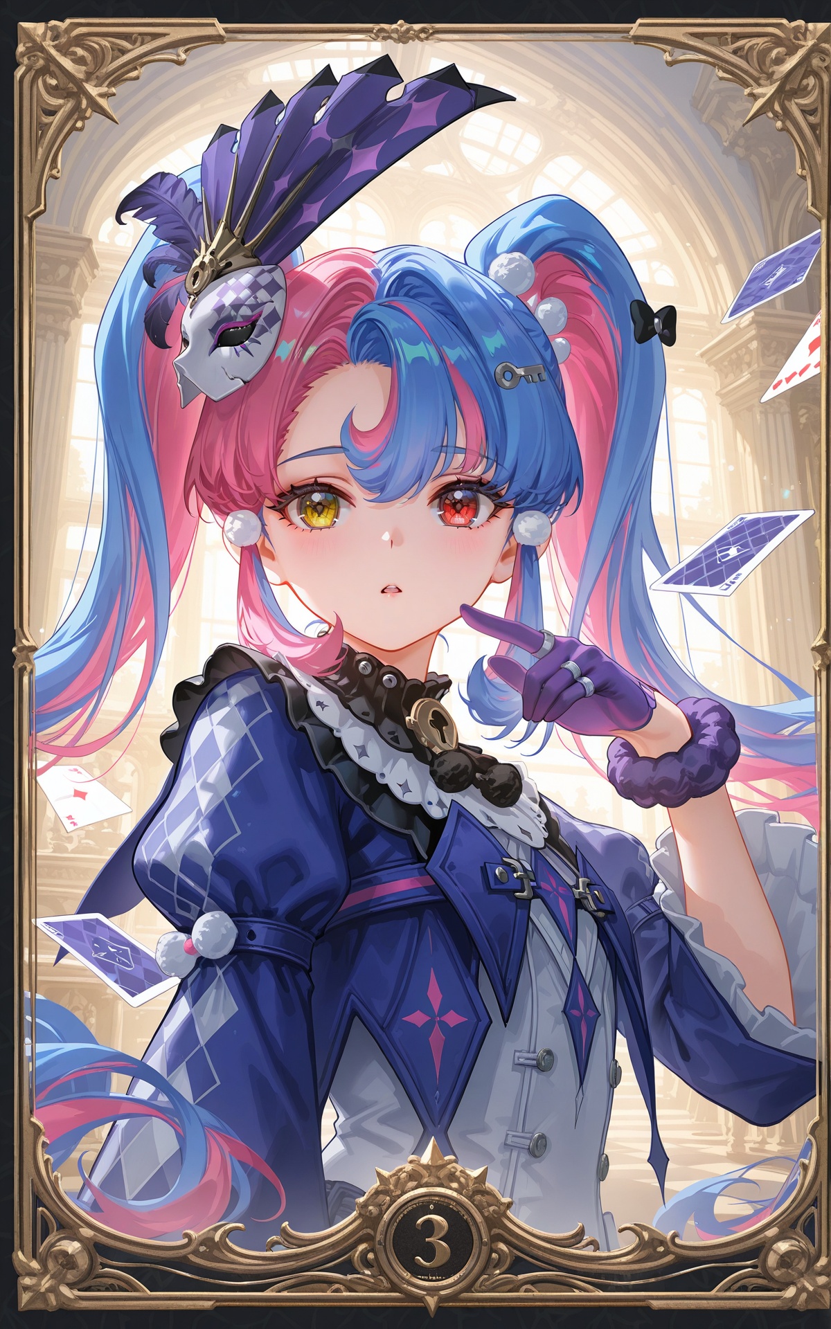 8k,best quality,masterpiece,(ultra-detailed),(high detailed skin),((artist:reoen),(artist:fuzichoco),(artist:atdan),(artist:torino_aqua),year 2024:0.8),[artist:wlop],[artist:ningen_mame],artist:ciloranko,[[artist:rhasta]],artist:tidsean,colorful,<lora:xl-ill-roccia_(wuthering_waves)_v1-000010:0.8>,roccia\(wuthering waves\), 1girl, solo, twintails, blue hair, heterochromia, yellow eyes, pink hair, multicolored hair, card, hair ornament, long hair, red eyes, blush, looking at viewer, heart, dress, playing card, skull hair ornament, gloves, mask, open mouth, bow, upper body, purple gloves, diamond \(shape\), parted bangs, two-tone hair, parted lips
