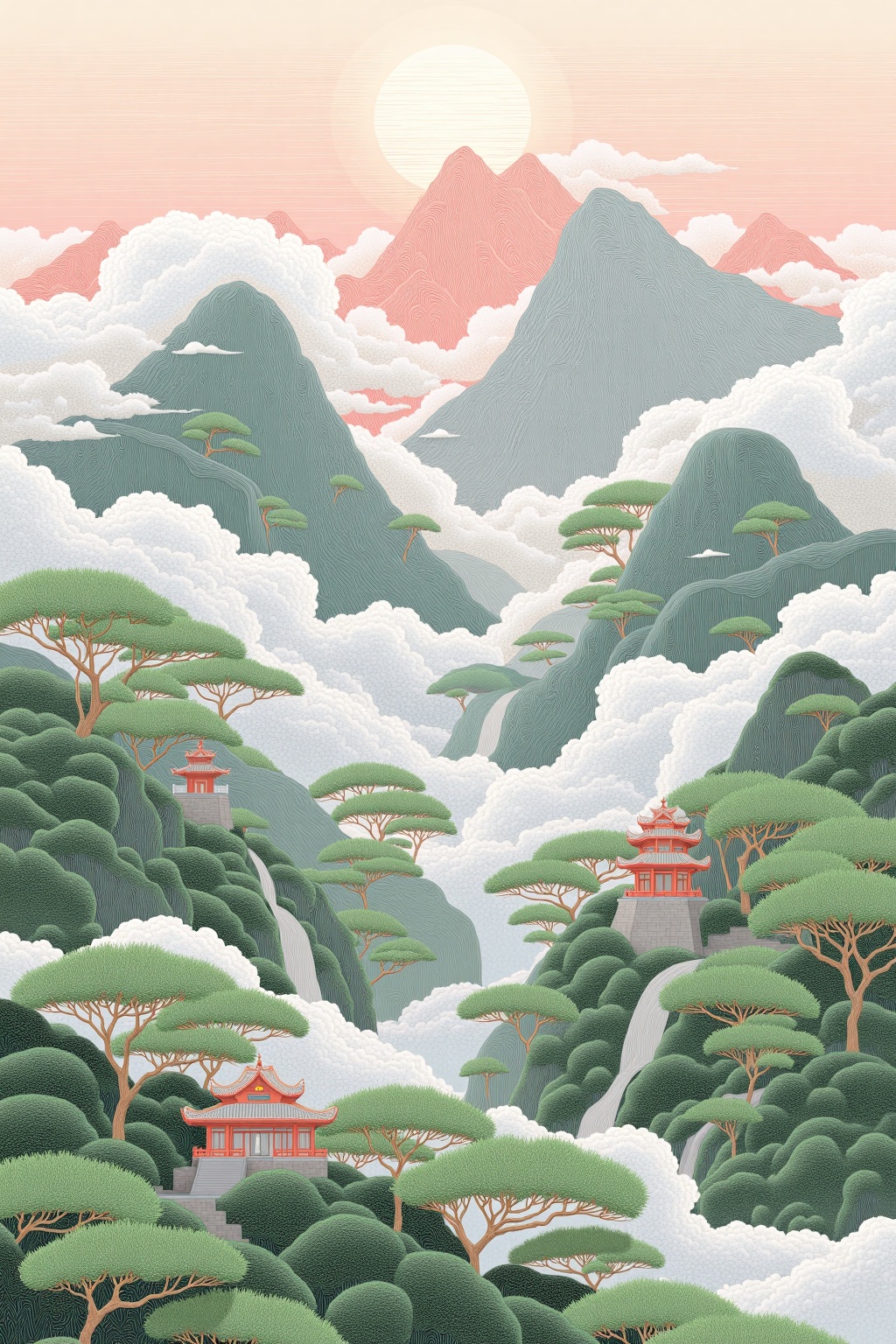 beijihui,The image depicts a serene and picturesque landscape with a mountain range in the background. The mountains are covered in lush greenery, and their peaks are tinged with shades of pink and red, suggesting a sunrise or sunset. The sky above is filled with fluffy, white clouds that stretch across the entire scene, creating a sense of depth and tranquility. In the foreground, there are small structures, possibly traditional houses or temples, nestled among the trees. The trees themselves are detailed and appear to be pine, with their distinctive needle-like leaves. The overall composition of the image evokes a peaceful and harmonious atmosphere, typical of traditional East Asian landscape art.