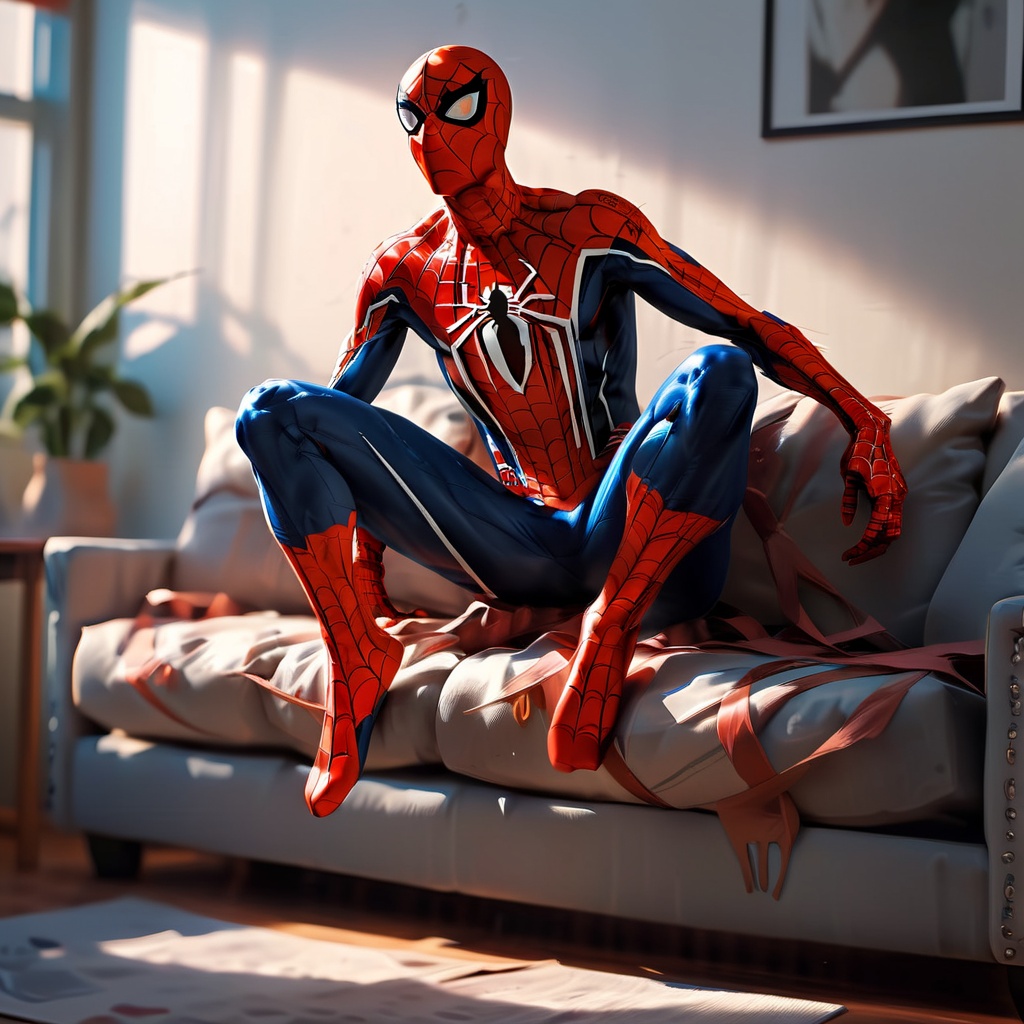 Full body spider man,  chilling on a couch,  inspired by Alessio Albi on Tensor.Art