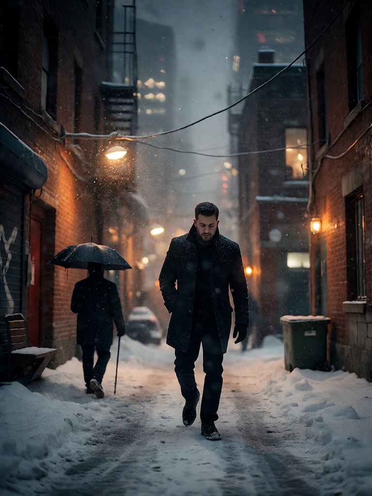 Bradhamel art style. A lone man in a dark overcoat walks down a snow-covered urban alleyway at dusk,  flanked by tall,  fo...
