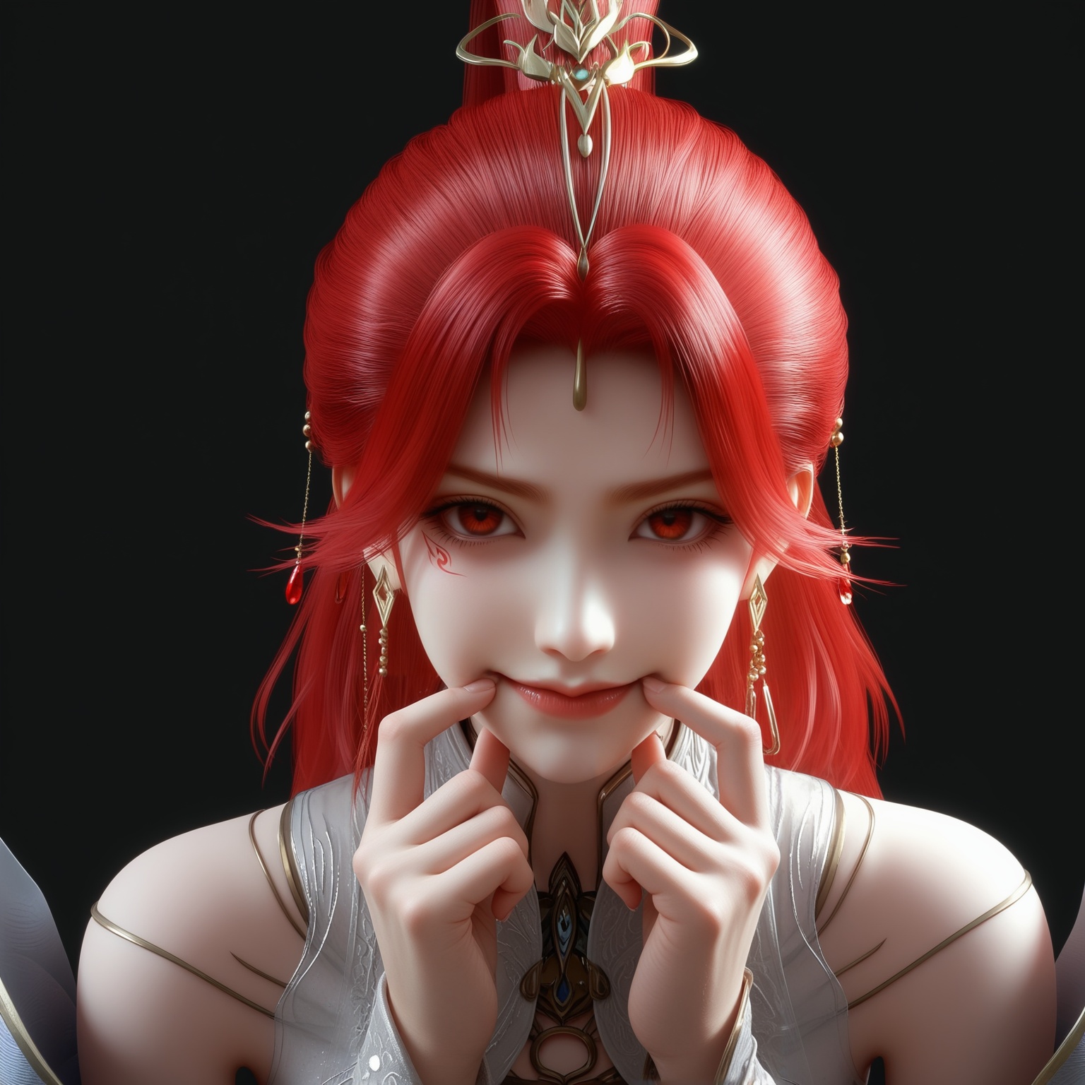 masterpiece,best quality,absurdres,highres,1girl,solo,<lora:火允儿-ill-000009:0.83>,huoyuner,red hair,long hair,high ponytail,makeup,BREAKcollarbone,sheer overlay,bare shoulders,sheer collar,high collar,jewelry,hair ornament,dangling earrings,red gemstone,forehead decoration,detached sleeves,fantasy dress,looking at viewer,front view,(fingersmile:1.1),grimace,(eyelid_pull:1.1),BREAK(white_skin:1.1),(fair_skin:1.1),simple background,black background,