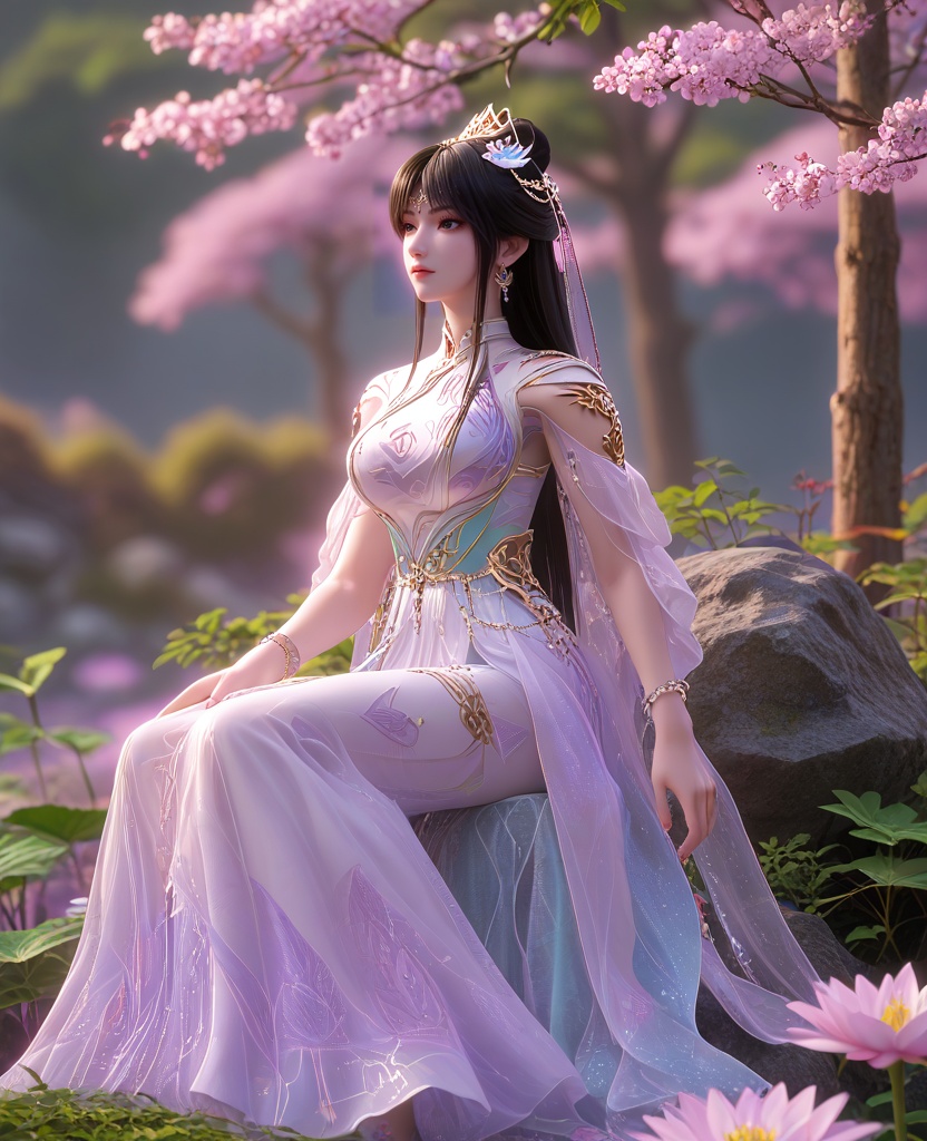 (Reclining on a tree trunk or rock,:1.1),(large breasts:1.2),<lora:XL16云深不知梦云珞璇魂体:0.95>,miss yunluoxuan,white dress,black hair,long hair,hair ornament,earrings,jewelry,hair bun,bracelet,lotus throne,, score_9,score_8_up,score_7_up,score_6_up,score_5_up,score_4_up,3d rendering,tag1,tag2, Cinematic Lighting,backlighting,