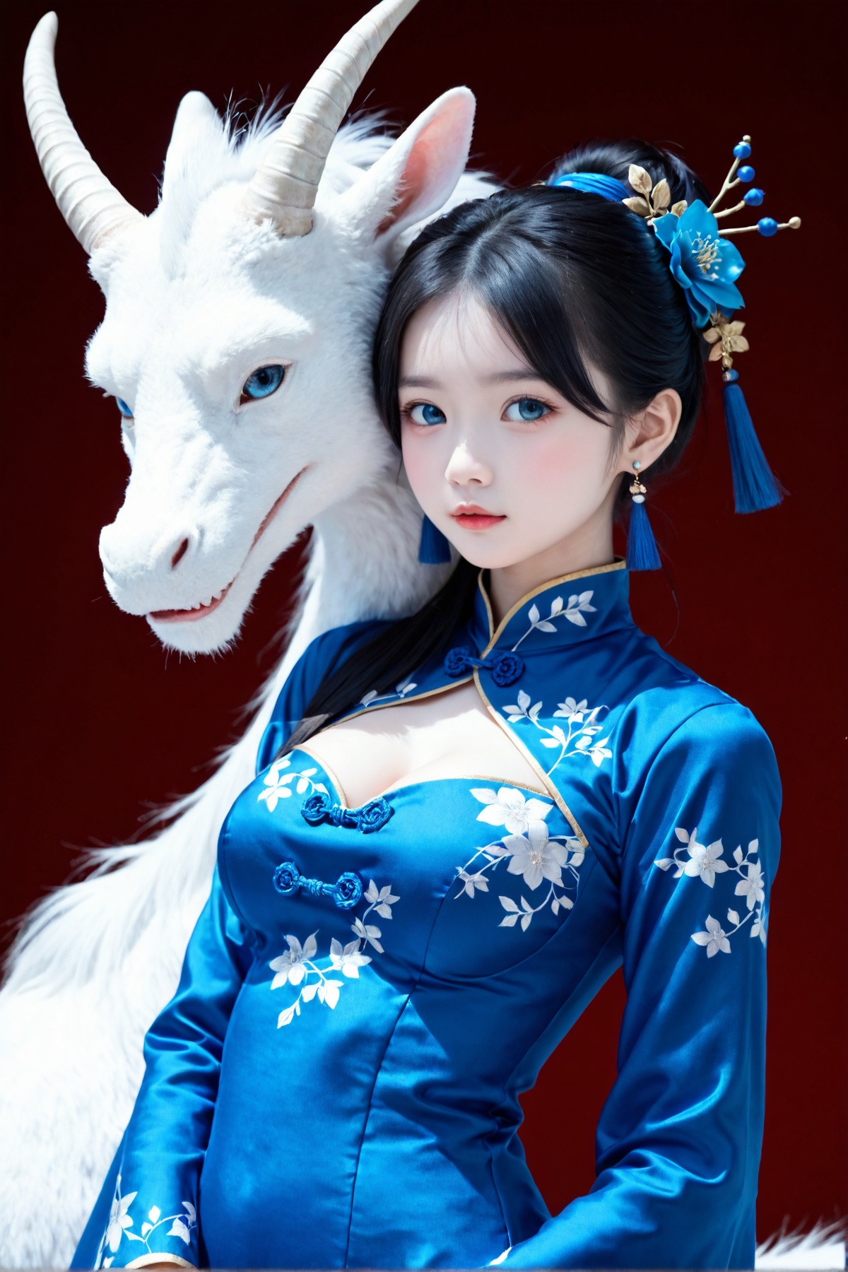 High quality,masterpiece,rich details,Blue oriental dragon,white dragon hair,real fur,xiaoyan,1girl,solo,long hair,breasts,looking at viewer,blue eyes,black hair,hair ornament,long sleeves,dress,cleavage,jewelry,medium breasts,tail,flower,earrings,horns,hair bun,blue dress,chinese clothes,single hair bun,<lora:DBloli_V2_1008A>,wide eyes,
