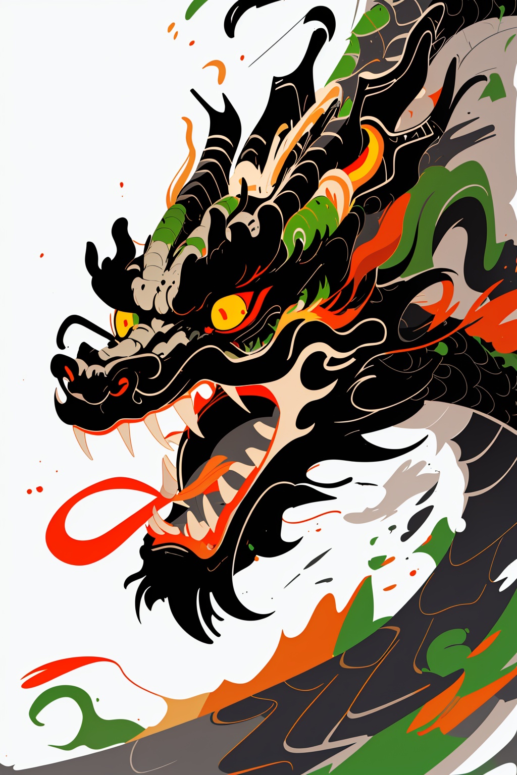 hcml,solo,open mouth,yellow eyes,teeth,no humans,fangs,whiskers,eastern dragon, <lora:幻彩墨龙-000008:0.8>