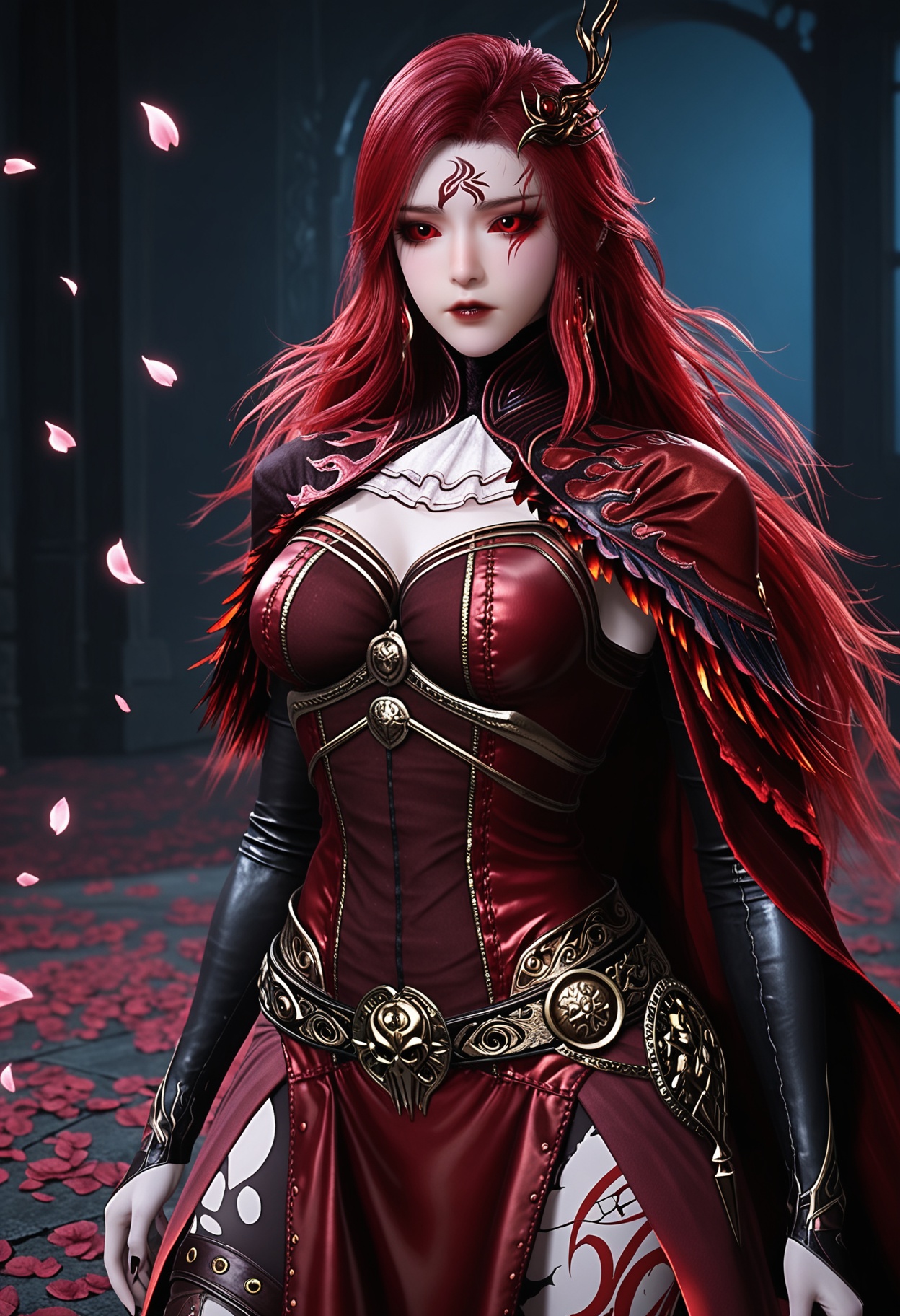 (upper_body:1.2),(looking at viewer:1.1),masterpiece,(best quality),smog,Dark room,dim lighting,peach blossom,falling petals,<lora:YQ_Illustrious光辉v5_马小桃_服装2_V1:0.8>,q1528437228,1girl,solo,long hair,red hair,red eyes,dress,cape,belt,boots,jewelry,red dress,thighhighs,earrings,colored sclera,black sclera,high heels,torn clothes,tattoo,red cape,ascot,brown eyes,facial mark,gloves,armor,helmet,horns,glowing eyes,red sclera,thigh boots,high heel boots,white ascot,cloak,black footwear,