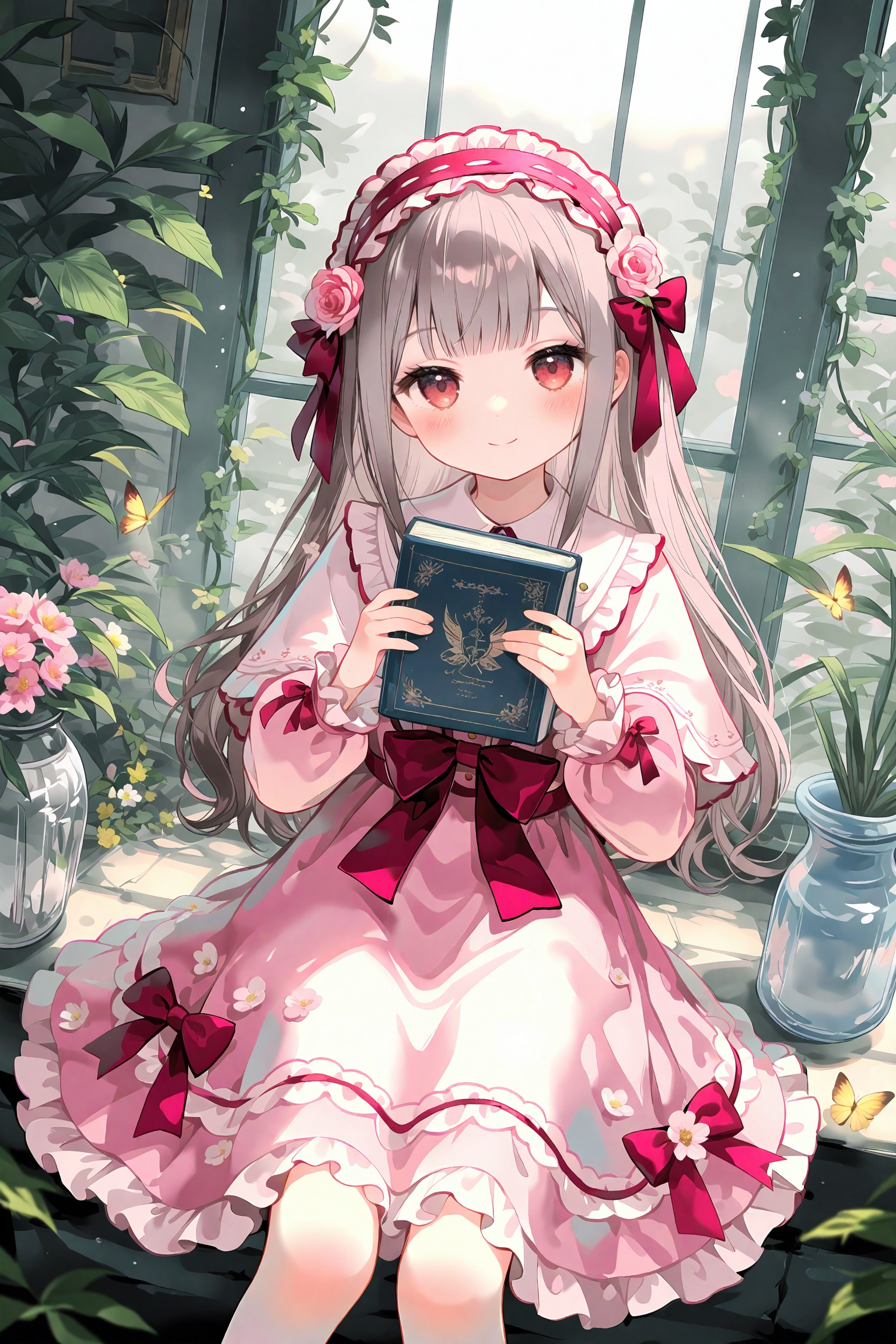 masterpiece,very aware,highres,absurdres,newest,best quality,loli,petite,high quality,chromatic_aberration,cinematic_angle,dutch angle, //1girl, bug, book, holding, butterfly, pink dress, long hair, solo, dress, smile, holding book, plant, flower, looking at viewer, red eyes, blush, hair ornament, sitting, hairband, grey hair, long sleeves, bow, hair flower, lolita hairband, very long hair, frills, frilled dress, window, closed mouth, frilled hairband, blunt bangs, red bow, potted plant, feet out of frame, hair bow, lolita fashion, indoors, pink flower, puffy long sleeves, yellow flower, ribbon, straight-on, jar, day, red ribbon, animal, buttons, pink bow, vase, dot nose, frilled sleeves, hanging plant, split mouth, puffy sleeves, hands up, dress bow, capelet, vines, sunlight, leaf, hair ribbon, red hairband, collared dress, child, sidelocks, flower pot, yellow butterfly, virtual youtuber, frilled collar, sweet lolita, blurry, blue butterfly, fern, headdress, white flower, windowsill, brown hair, light blush, <lora:lp45up1-000009:0.8>