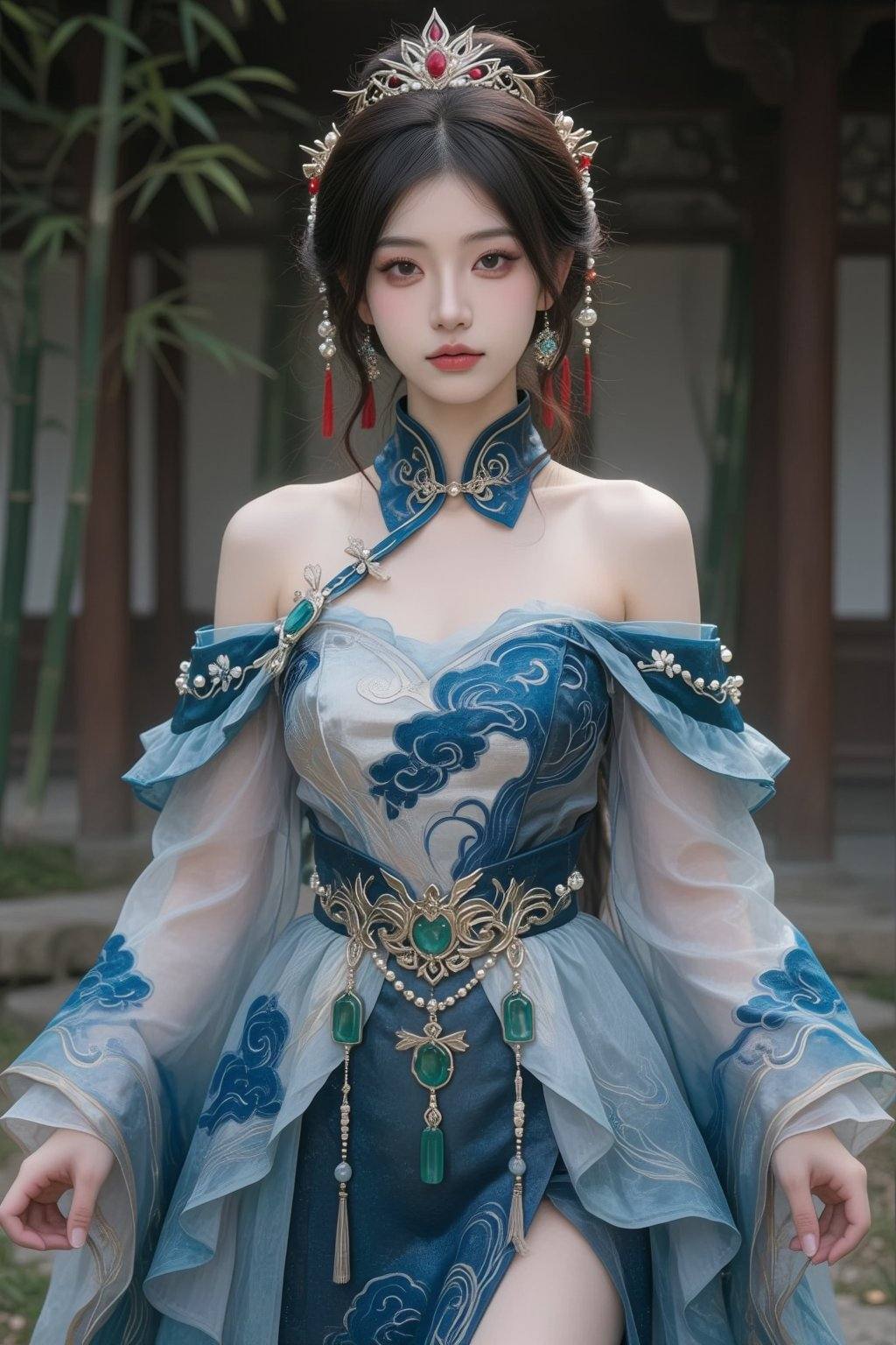 A young East Asian woman with a slender build stands center frame,  facing forward with a soft,  neutral expression. She h...
