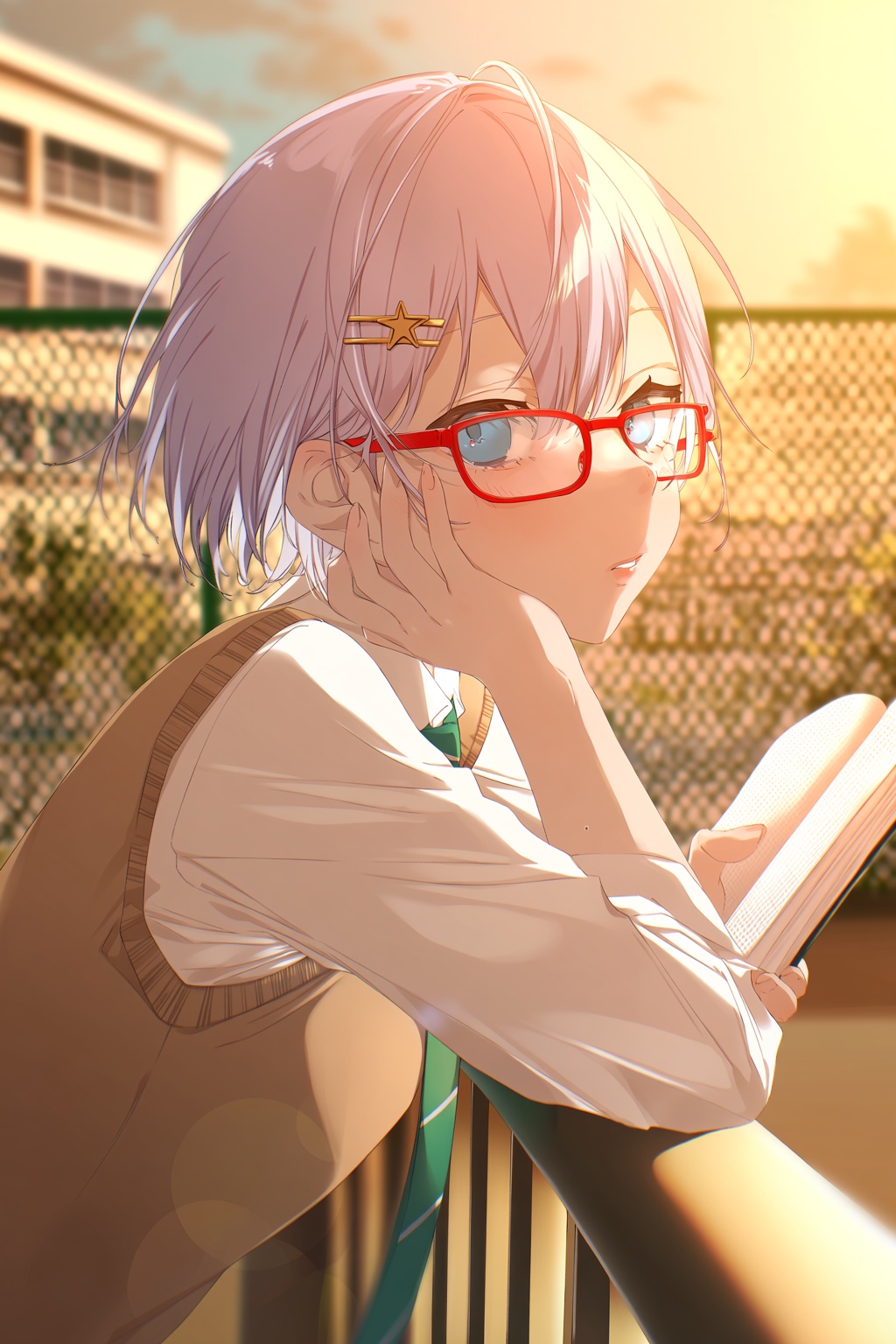 @a20 (atsumaru),  A medium close-up captures a solo girl leaning against a railing in an outdoor sunset setting. She has s...