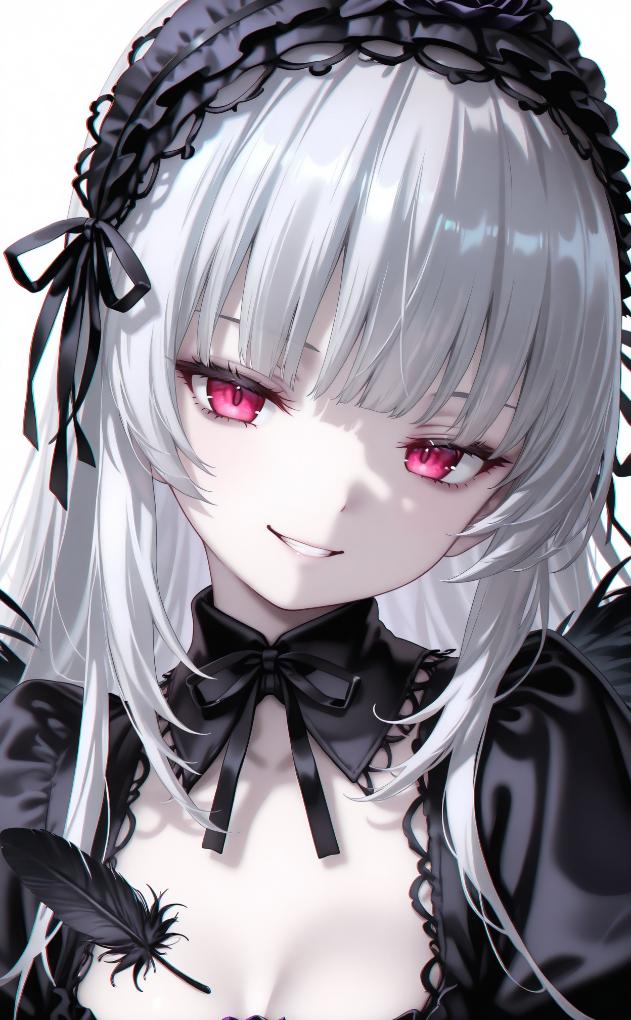 masterpiece,highres,absurdres,newest,best quality,high quality,loli,petite,chromatic_aberration,//,1girl,suigintou,solo,feathers,black_feathers,lolita_hairband,hairband,white_background,long_hair,black_hairband,looking_at_viewer,black_flower,smile,simple_background,black_wings,portrait,black_rose,white_hair,black_ribbon,ribbon,lolita_fashion,gothic_lolita,parted_lips,wings,rose,blunt_bangs,black_dress,falling_feathers,frilled_hairband,pink_eyes,red_eyes,grin,hair_ribbon,flower,dress,grey_hair,pale_skin,feathered_wings,colored_skin,//,//,<lora:nyalia——【CKXL测试】hans:1>,