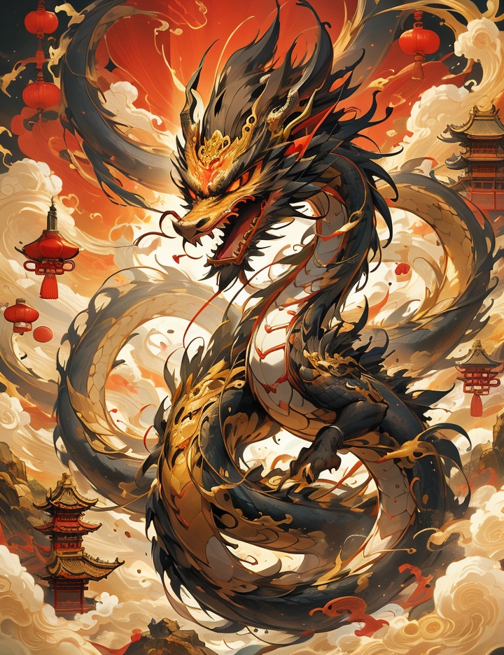Thick color style, ancient Chinese mythology style, black dragon, (spit out flame), Chinese dragon, 1 Chinese dragon, solo,