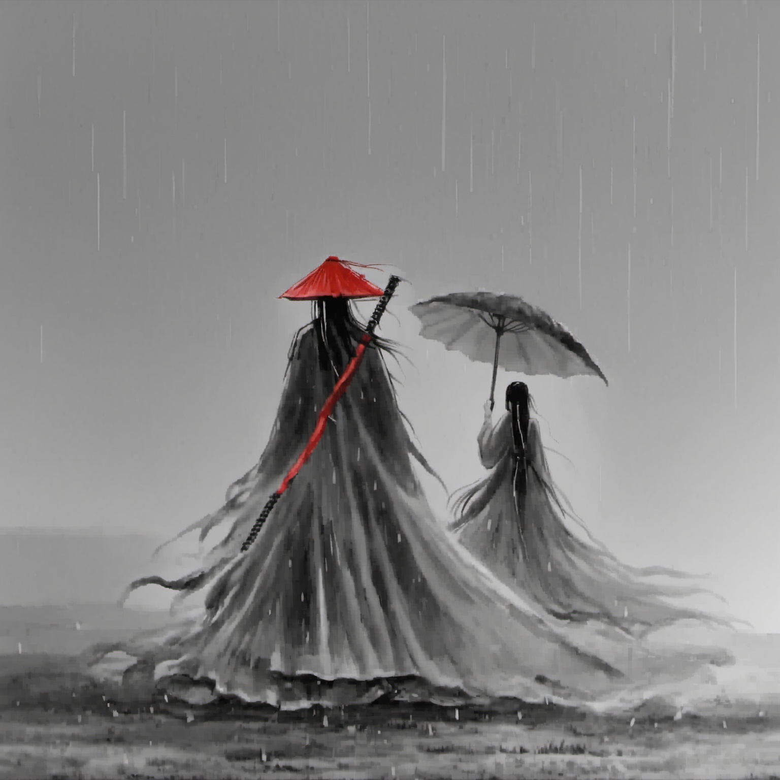<lora:ink_xiakexing_xl:0.8>,1girl,red dress,dragon,ink painting,ink painting,a man in coir raincoat holding an umbrella in the rain with a woman in the background walking in the rain,1girl,long hair,1boy,hat,standing,monochrome,weapon,greyscale,sword,from behind,letterboxed,cloak,black hair,male focus,katana,rain,weapon on back,ajirogasa,