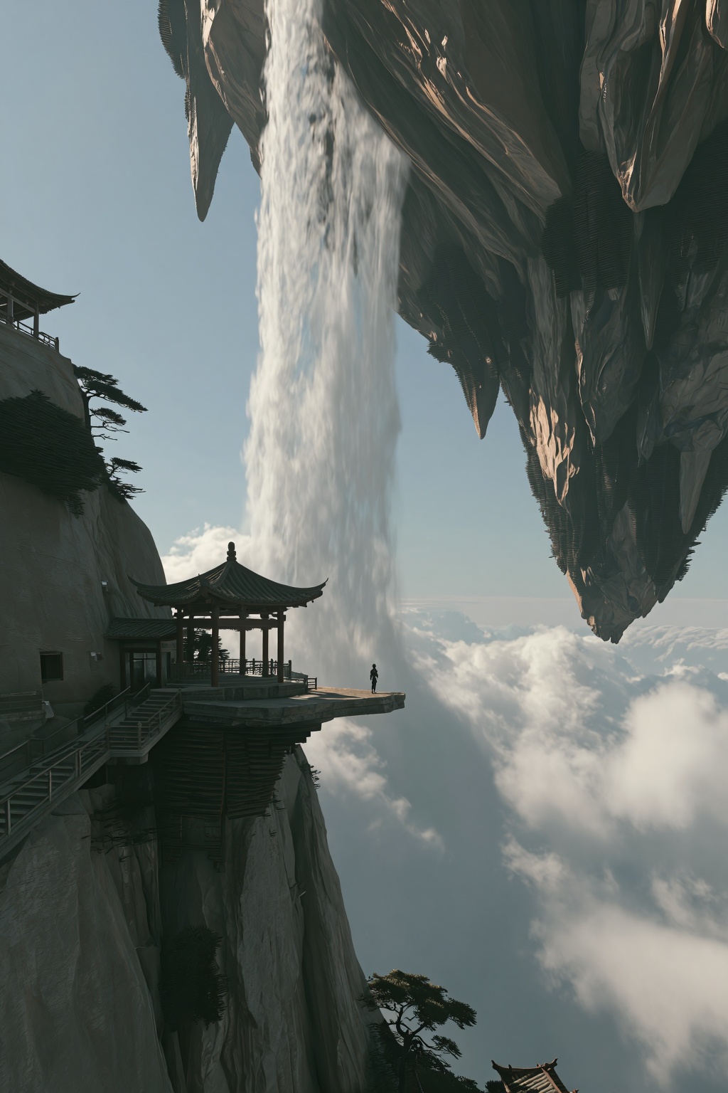 A colossal mountain peak hangs inverted in the sky,  its base pointing upwards into the mist. A massive waterfall flows up...