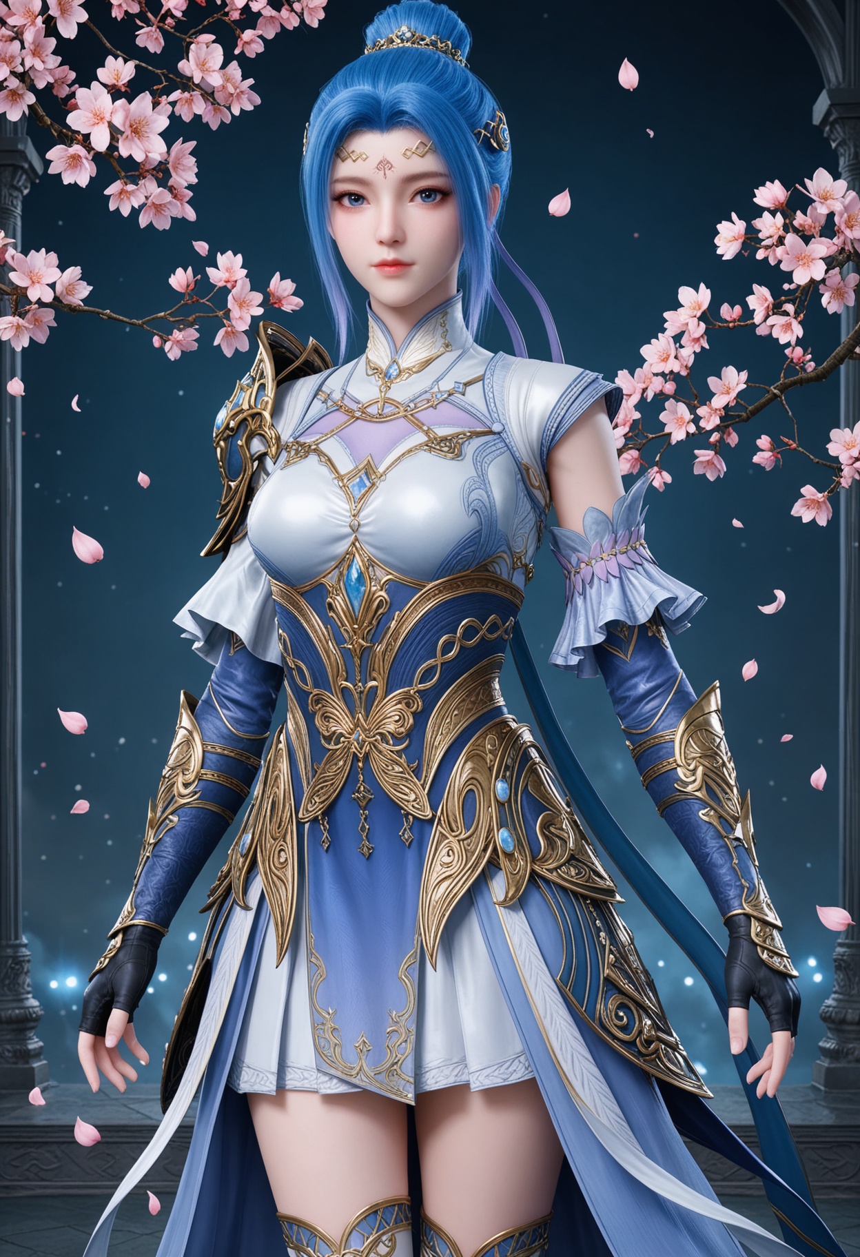 (upper_body:1.2),(looking at viewer:1.1),masterpiece,(best quality),smog,Dark room,dim lighting,peach blossom,falling petals,<lora:YQ_Illustrious光辉v5_唐舞桐_服装4_V1:0.8>,q1528437228,1girl,solo,blue hair,dress,blue eyes,hair bun,hair ornament,armor,gloves,single hair bun,forehead mark,white dress,fingerless gloves,boots,thighhighs,shoulder armor,high heels,short hair,long hair,blue dress,high heel boots,black gloves,detached sleeves,knee boots,multicolored hair,pauldrons,jewelry,skirt,white thighhighs,