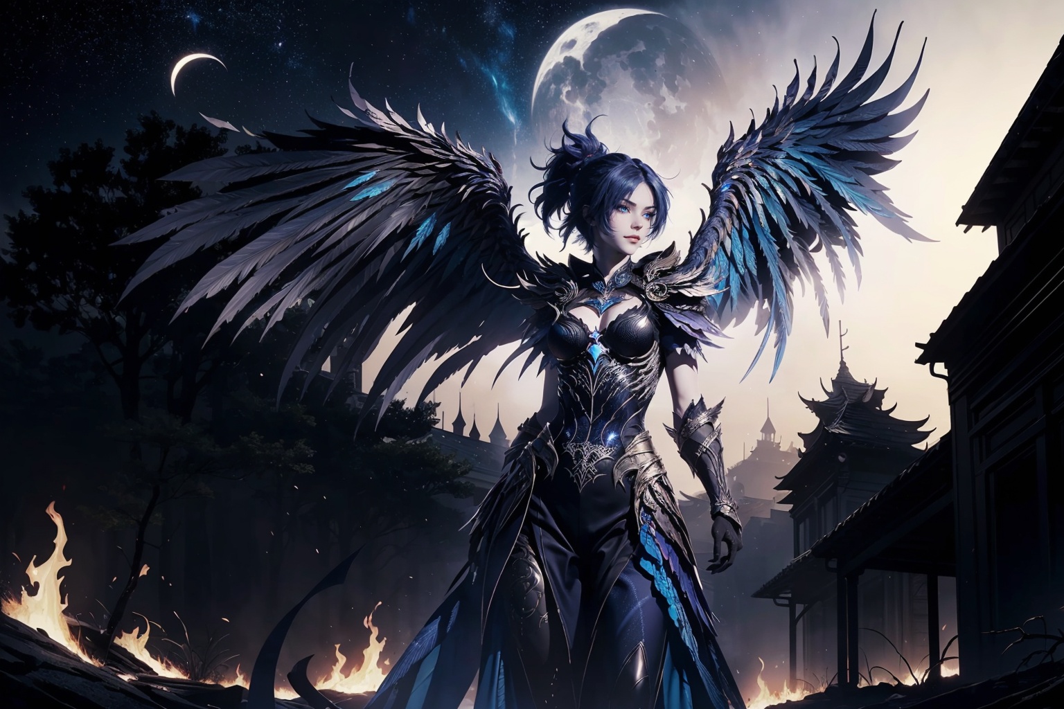 1girl,solo,jewelry,cleavage cutout,detached collar,dress,armor,dark phoenix wings,(arms behind back:1.3),looking at viewer,outdoors,(night sky),dark magic,(((dark fire))),nature,grasslands,upper body,depth of field,Highly detailed,(best quality:1.5,masterpiece:1.5),<lora:20250110-1736495644652-000010:0.8>,fl,