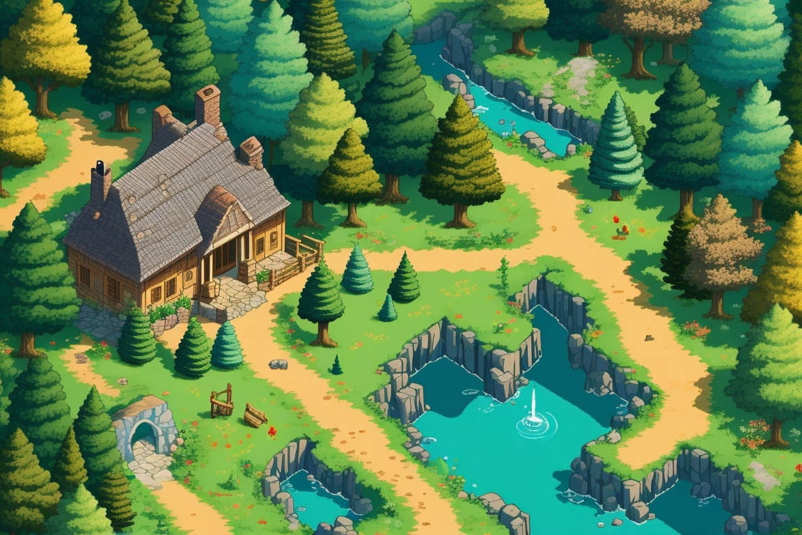 ((HRD, HUD, 8K)),((masterpiece, best quality)), highly detailed, soft light,GameScenes, tree, water, house, stairs, no humans, scenery, grass, nature, river, forest, bridge, door, outdoors, pond, waterfall, bush, building, flower, rock, <lora:20240330-1711769468704:0.9>