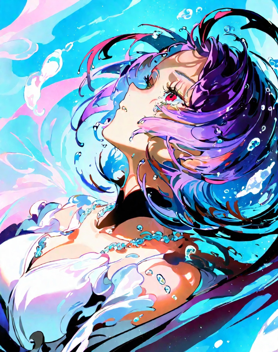 1girl, qk1, solo, parted lips, looking up, necklace, purple hair, jewelry, short hair, floating hair, makeup, blue background, tears, upper body, crying, water, feathers, hands up, nose blush, cloud, sky, star \(sky\), collarbone, gradient sky, large breasts, cleavage, streaming tears, eyeshadow, turtleneck, wet hair, shirt, starry sky, wet clothes, orange sky, bare shoulders, looking away, eyeliner, long sleeves, crystal necklace, pink eyeshadow, breasts, parted bangs, water drop, feather trim, white shirt, cloudy sky, blush,A young woman with dark hair and red eyes. she is wearing a black choker necklace and has her arms stretched out to the sides, as if she is reaching for something. the background is a blue sky with small white bubbles scattered around. the woman appears to be in a dream-like state, with her eyes closed and a peaceful expression on her face. the overall mood of the image is surreal and dreamlike.masterpiece, best quality, newest, absurdres, sensitive <lora:okra_v2.5-000030:1>