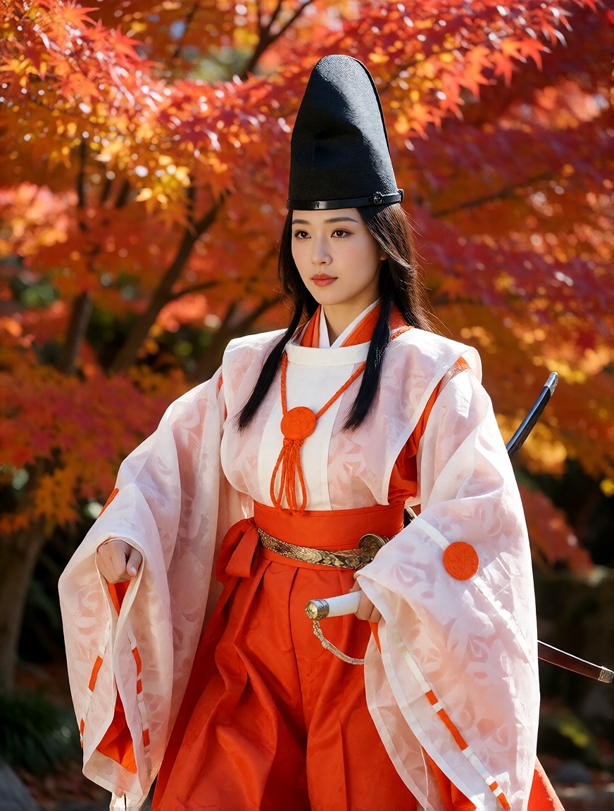 shirabyoshi,  Single woman,  red autumn foliage on Tensor.Art