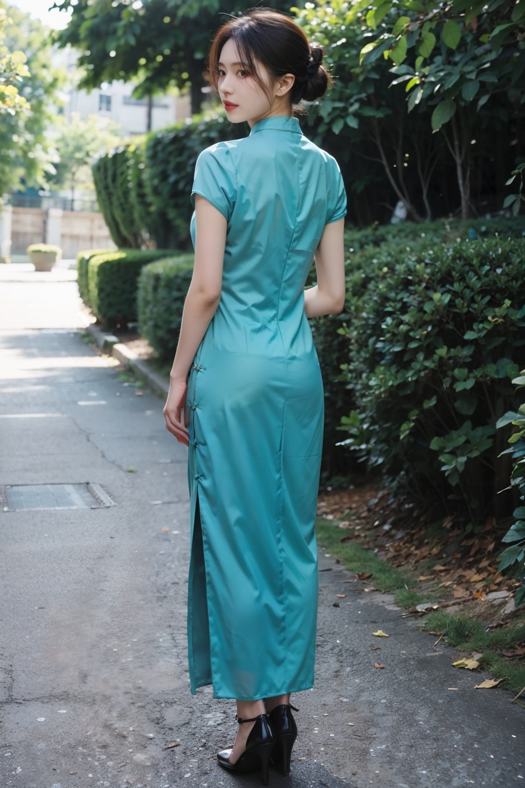1girl,qipao,Standing,full body,photorealistic,<lora:旗袍:0.6>,looking at viewer,arms behind back,outdoors,lips,