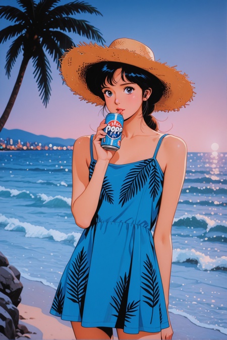 masterpiece, very awa, very aesthetic,(realistic), (photorealistic),nostalgic, 1980s, retro, pop art, retro futuristic,clear contrast, city pop, bokeh, crack of light,geometric stripe background, dynamic graphic background,dynamic angle, cowboy shot, beach, natural scenery, palm leafs,drinking can, straw hat, summer minidress,gorgeous girl, sleek tied hair, looking at viewer