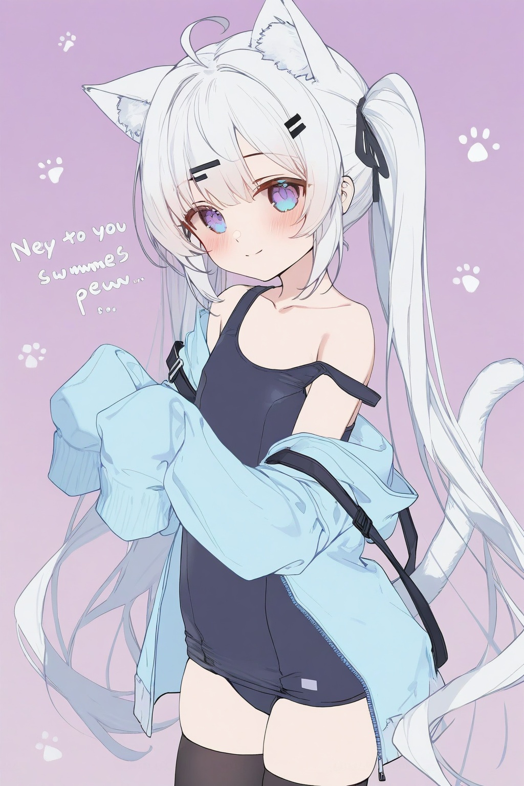 <lora:nai4zhengliu-ckxl0.2_v1-000071:0.9>,high resolution,aesthetic,excellent,medium resolution,1girl,solo,white hair,long hair,twintails,ahoge,animal ears,cat ears,inside ear fluff,animal tail,cat tail,kemonomimi,blue eyes,purple eyes,gradient eyes,blush,smile,looking at viewer,hair ornament,hairclip,paw print,swimsuit,one-piece swimsuit,school swimsuit,black swimsuit,strap slip,shoulder strap,jacket,blue jacket,open jacket,off shoulder,arms in sleeves,sleeves past wrists,thighhighs,black thighhighs,zettai ryouiki,simple background,purple background,text,english text,vertical text,cowboy shot,loli,petite,