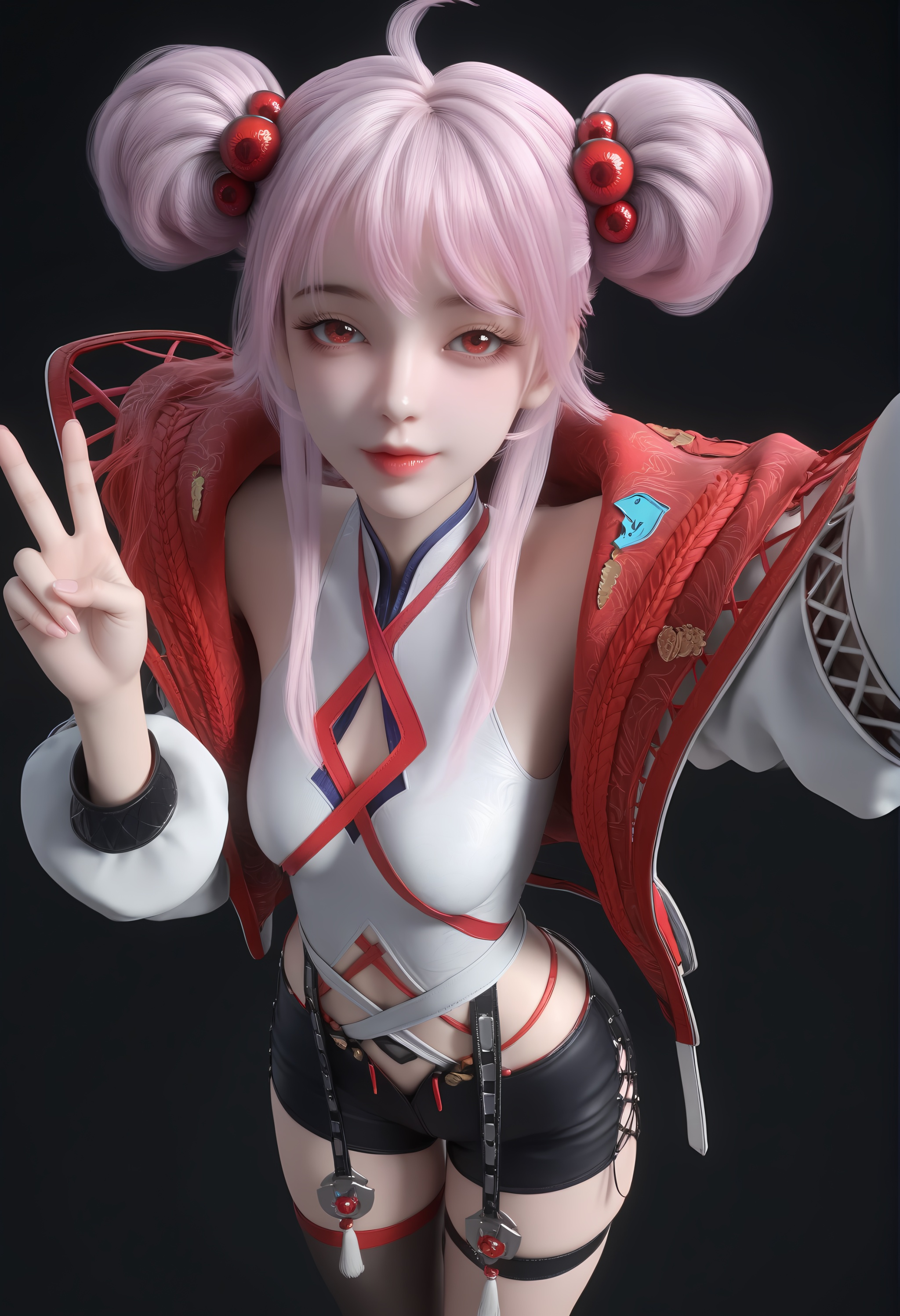 (score_9),<lora:炙珠-apony-000008:0.85>,zizhu,1girl,solo,red eyes,double bun,hair ornament,pink hair,ahoge,open jacket,sleeveless topwear,puffy sleeves,short shorts,single thighhigh,thigh strap,(single_thighhigh),tassel,mature_female,collarbone,BREAK<lora:Expressive_H-000001:0.8>,light blush,Expressiveh,looking at viewer,front view,dutch angle,dynamic_angle,from above,selfie,v sign,closed mouth,<lora:e肤色滑块:0.25>,fair_skin,(pale skin),ultra-detailed skin texture,detailed textures,<lora:皮肤凹痕:1.2>,<lora:RealisticSkinv1_ponyv6_loraplus:0.3>,real skin,BREAKsimple background,black background,<lora:e色温:0.25>,4K ultra HD,sharp focus,high detail,high contrast,