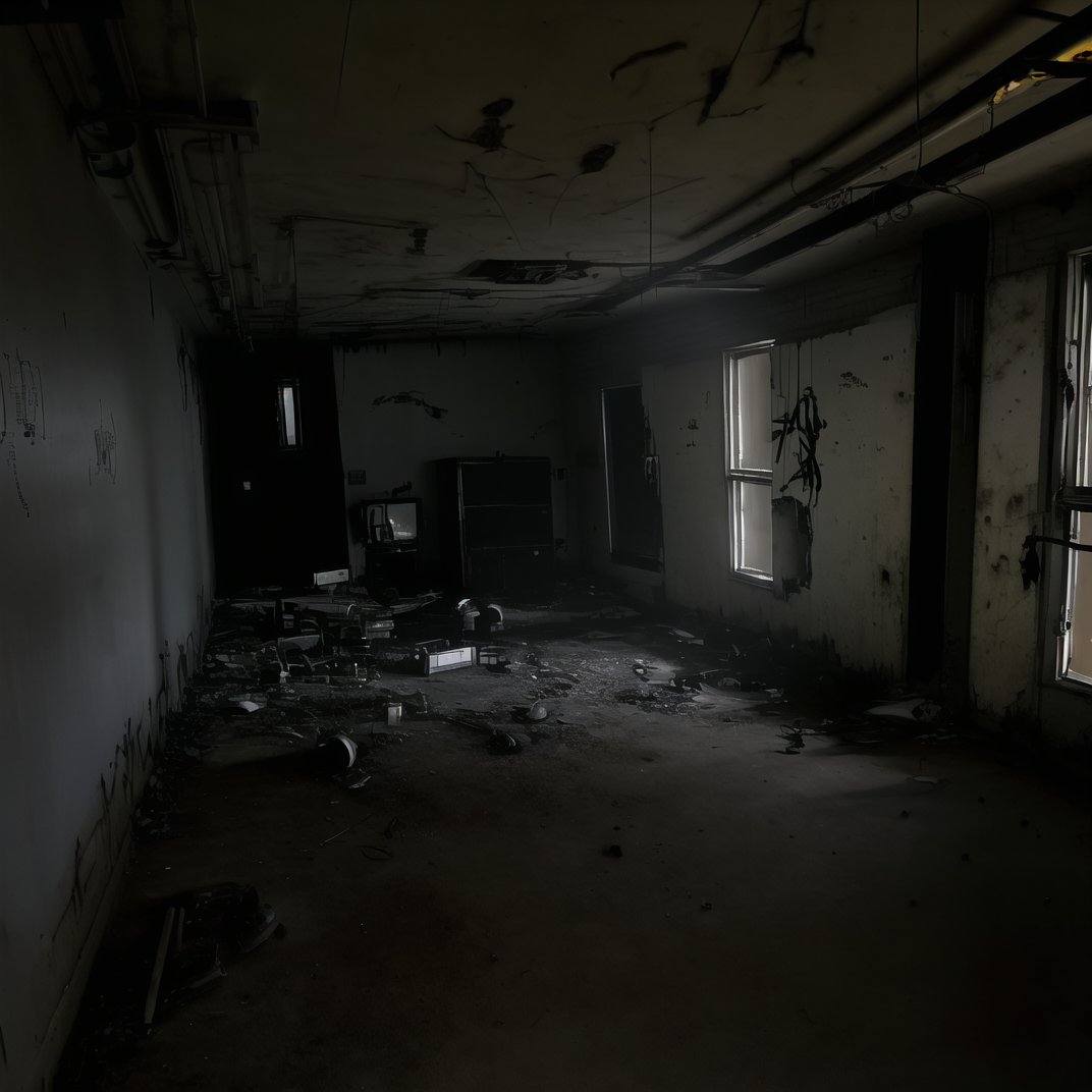 liminalspaces,  Dark and Twisted Laboratory: The camera shows a dark and twisted laboratory,  with broken equipment and st...