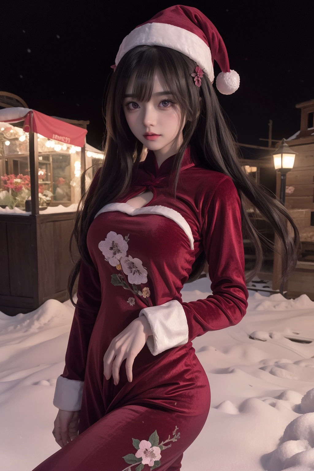 Astolfo,pink haur,purple eyes,femboy,Santa suit,background,snow,city,<lora:qipao:0.7>,qipao,Velvet,(flower:1.3),