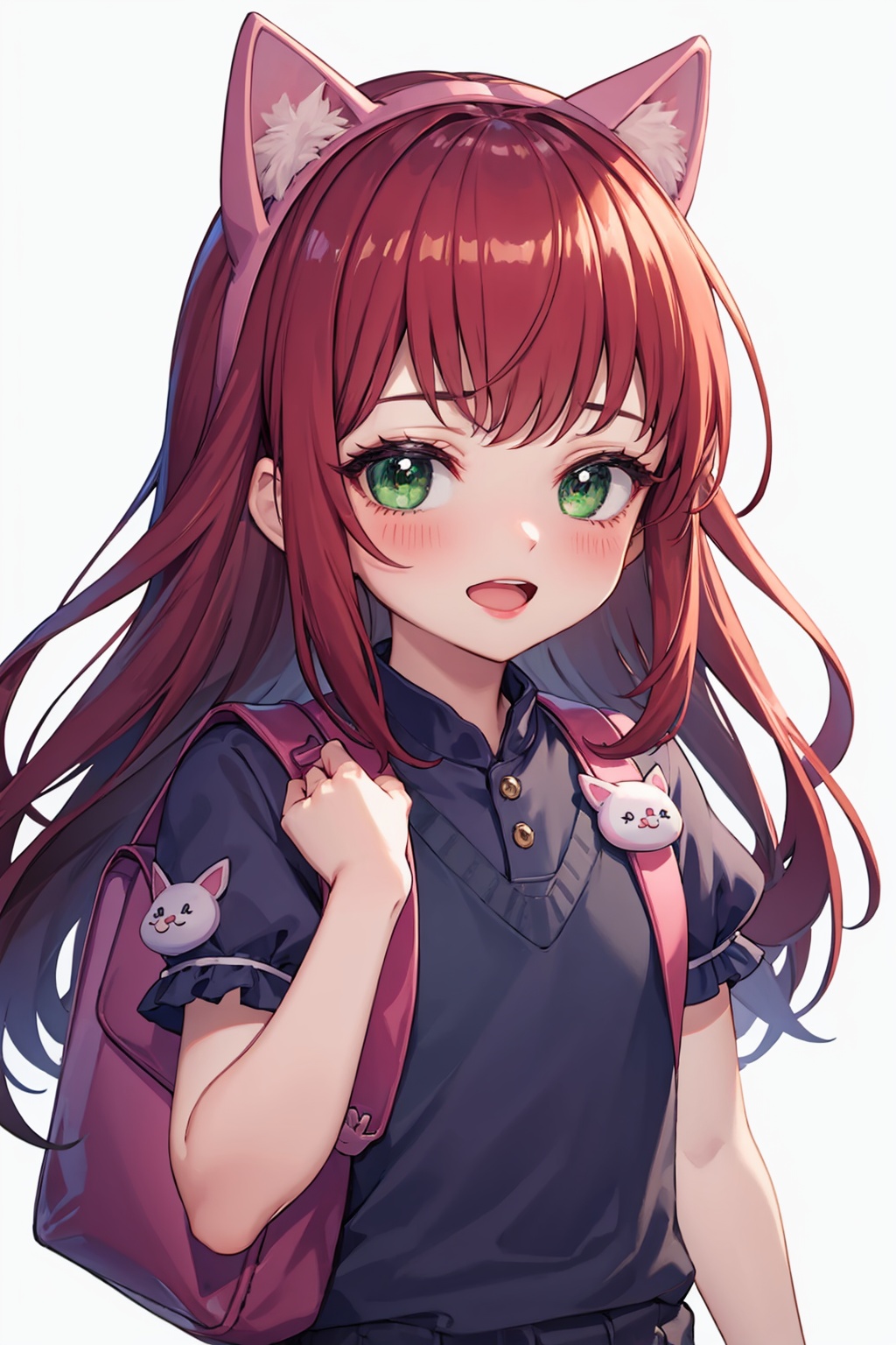 masterpiece,best quality, highly detailed, annie (league of legends),1girl,open mouth,blush,solo,looking at viewer<lora:annie_(league_of_legends):1>,simple background,white background