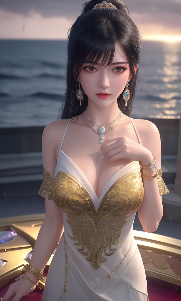 <lora:418-DA-百炼成神-莫雨馨:0.8> ,(,1girl, ,best quality, ),looking at viewer, ,ultra detailed 8k cg, ultra detailed background, ultra realistic 8k cg,  ,masterpiece((((1girl, solo,  , ,solo focus, wet,sweat, ocean,rain, water drop, )))) (, , sweatdrop, flying sweatdrops, sweating profusely,colorful drop \(module\), )   clean, masterpiece,     cinematic lighting, cinematic bloom,   , unreal, science fiction, luxury, jewelry, diamond, gold, pearl, gem, sapphire, ruby, emerald, intricate detail, delicate pattern, charming, alluring, seductive, erotic, enchanting, hair ornament, necklace, earrings, bracelet, armlet,halo,