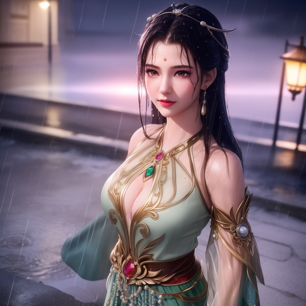 <lora:715-DA-师兄啊师兄-龙吉:0.8>(,1girl, ,best quality, ),looking at viewer, ,ultra detailed 8k cg, ultra detailed background,  ultra realistic 8k cg,          cinematic lighting, cinematic bloom, (( , )),,  , unreal, science fiction,  luxury, jewelry, diamond, pearl, gem, sapphire, ruby, emerald, intricate detail, delicate pattern, charming, alluring, seductive, erotic, enchanting, hair ornament, necklace, earrings, bracelet, armlet,halo,masterpiece, (( , )),,  ,cherry blossoms,(((, night,night sky,lamppost,  ultra high res, (photorealistic:1.4), raw photo, 1girl, , rain, sweat, ,wet, )))(( , ))   (cleavage), (),