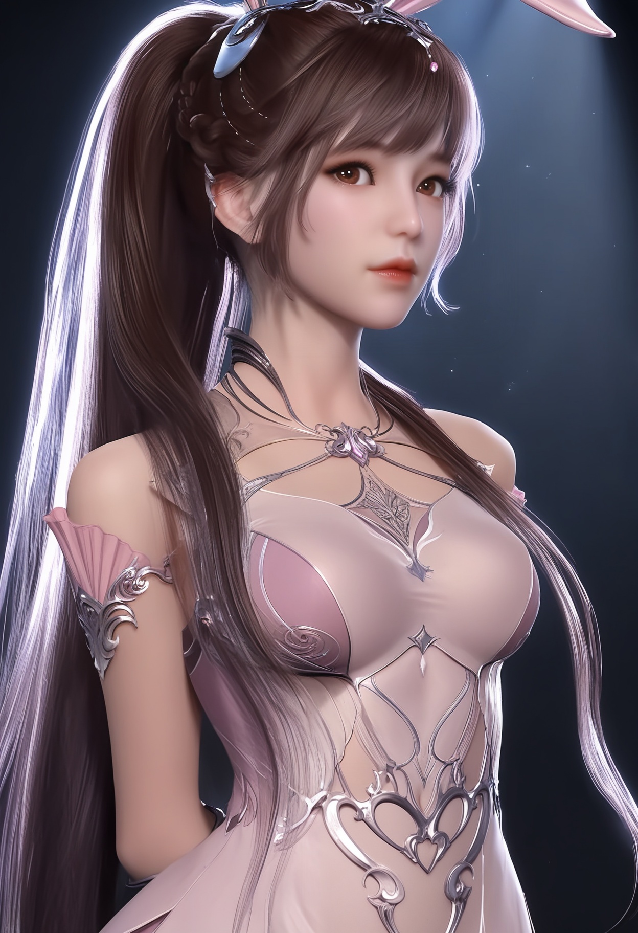 masterpiece,best quality,absurdres,highres,BREAK(glamor:1.1),slender,1girl,solo,<lora:小舞-ill-000005:0.85>,xiaowu,long hair,brown hair,hair ornament,ponytail,bunny ears,brown eyes,jewelry,braid,pink dress,dress,long dress,looking at viewer,front view,light blush,cowboy shot,(arms behind back), BREAKsimple background,black background,rim light,Tyndall effect,Volumetric Lighting,Cinematic Lighting,realistic,depth of field,