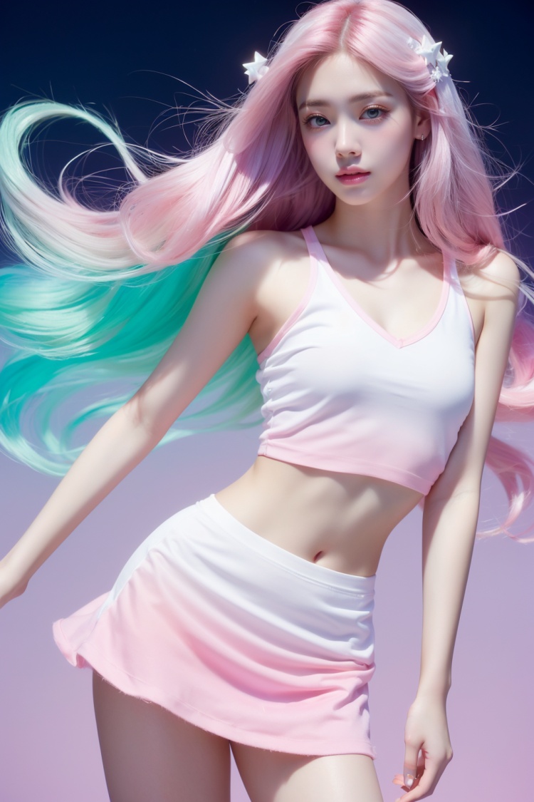 (Masterpiece, best picture quality, realistic :1.2),girl,(pink and white | long hair, gradient :1.4),fluorescent green,luminous objects,Pentacle Star,microskirt,