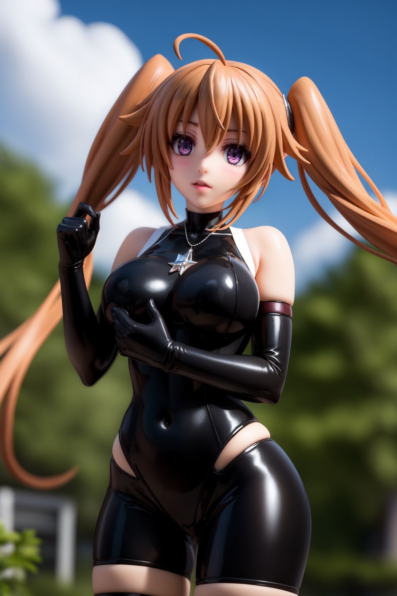 pvc style,irinashidou,,irina shidou, long hair, brown hair, twintails, (purple eyes:1.1), very long hair, ahoge,BREAK thighhighs, gloves, bare shoulders, black gloves, elbow gloves, bodysuit, covered navel,BREAK outdoors, forest, night, sky, clouds, moon, starry sky,BREAK looking at viewer, (cowboy shot:1.5),BREAK  (masterpiece:1.2), best quality, high resolution, unity 8k wallpaper, (illustration:0.8), (beautiful detailed eyes:1.6), extremely detailed face, perfect lighting, extremely detailed CG, (perfect hands, perfect anatomy),figma,full body,  <lora:irina shidou anime s2-lora-nochekaiser:1>